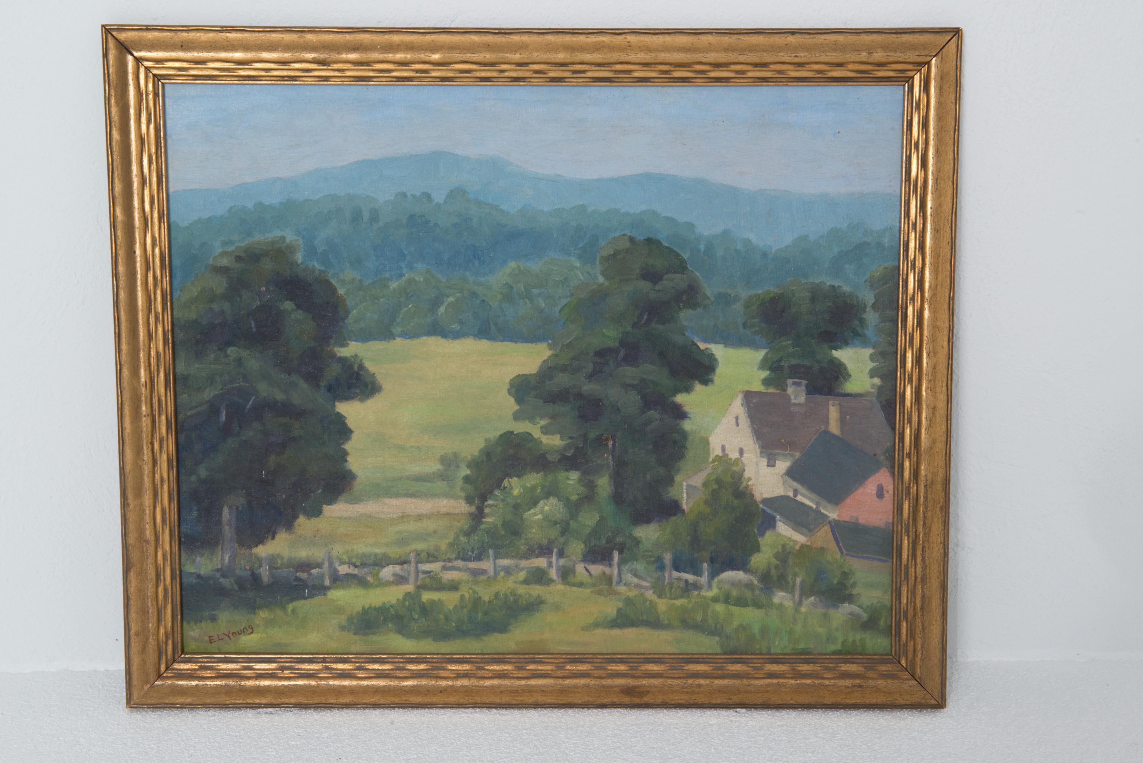 American artist, E L Young, painted this landscape in the 1940s. The frame is original to the painting circa 1940s. A bucolic country scene.