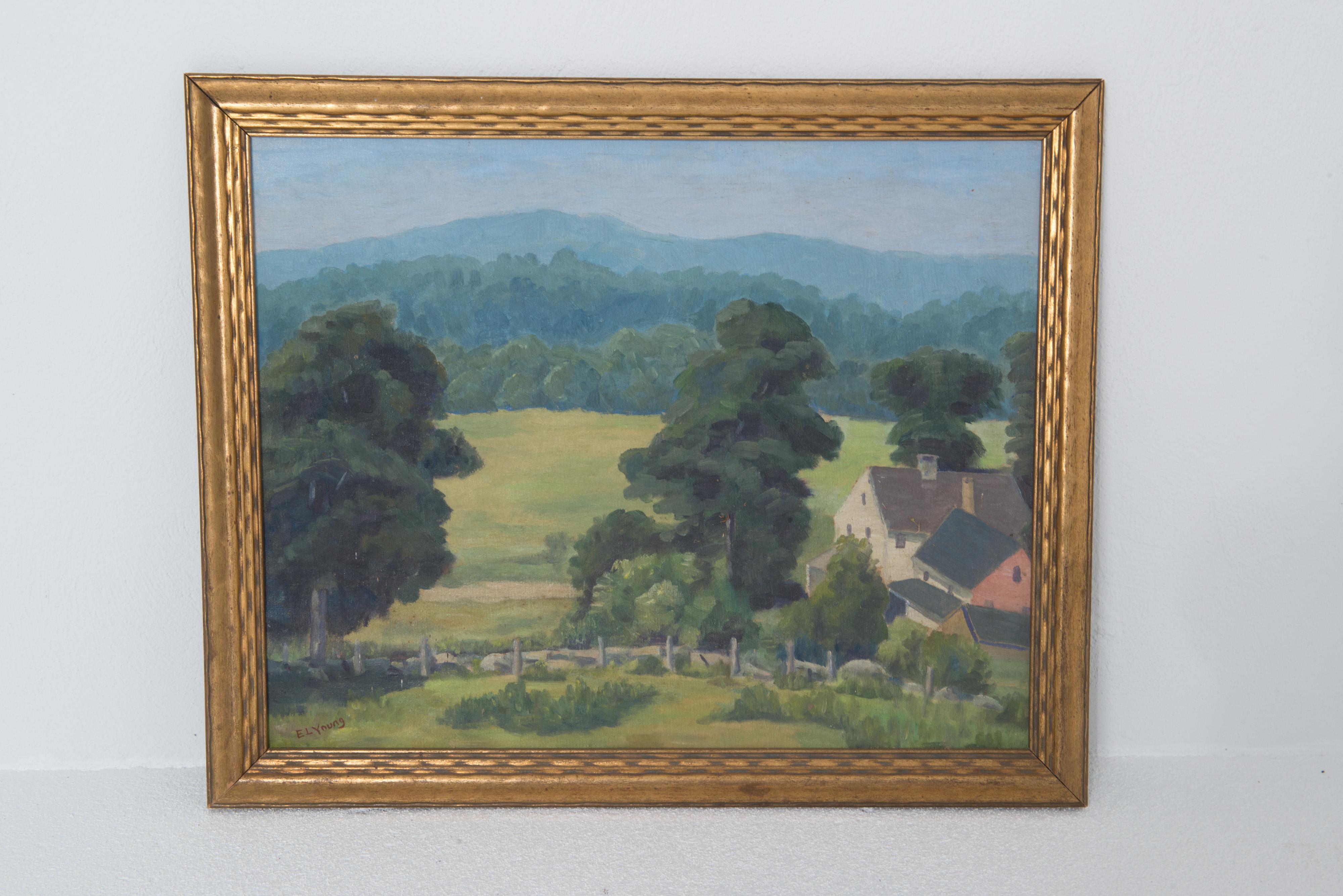 Paisaje de los años 40 Pintura al óleo sobre lienzo clásico estadounidense en venta