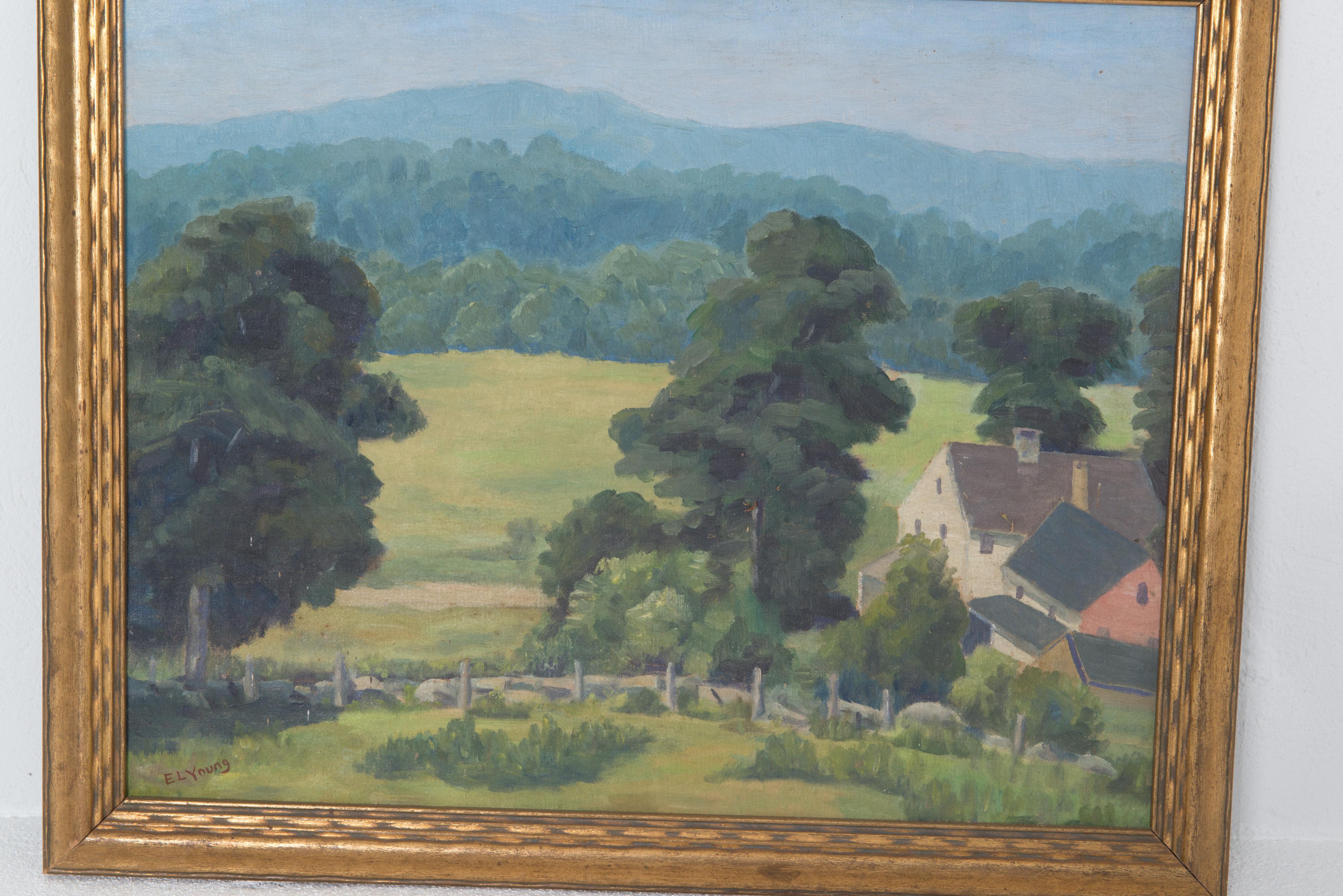 Américain Peinture à l'huile sur toile d'un paysage des années 1940 en vente