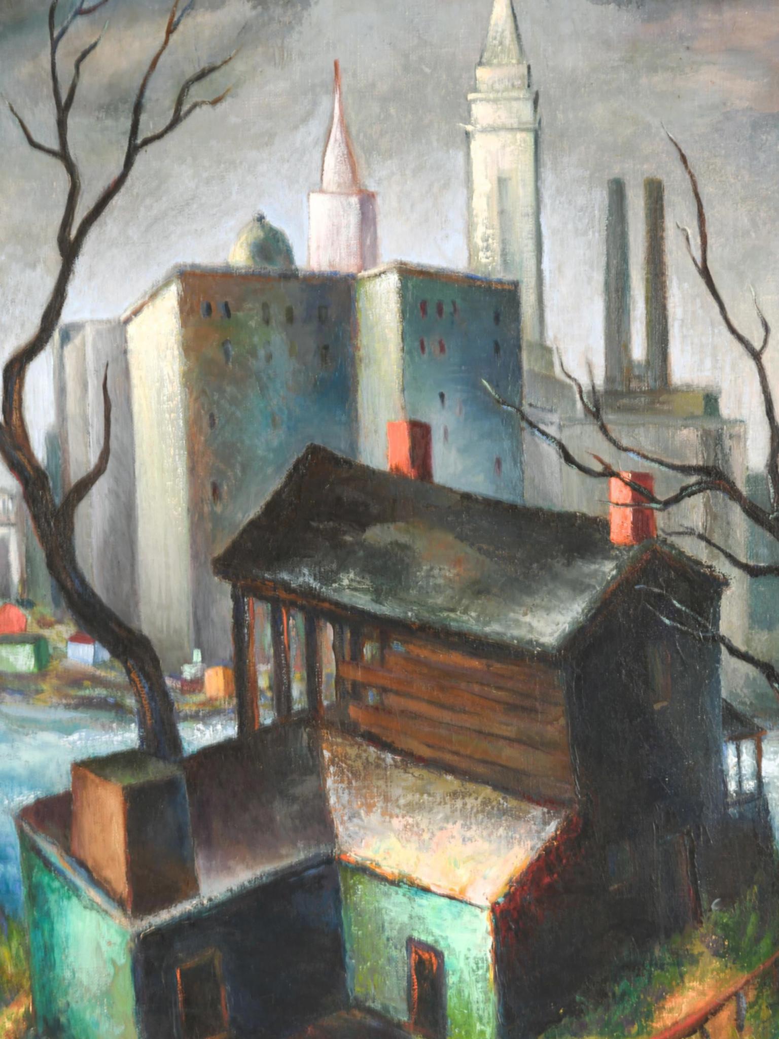 Created in the 1940s, this painting has an air of nostalgia and foreboding. It depicts a house set against the backdrop of not-so-distant skyscrapers. The city fades into gray in contrast to the house which looms large in the foreground, a house you