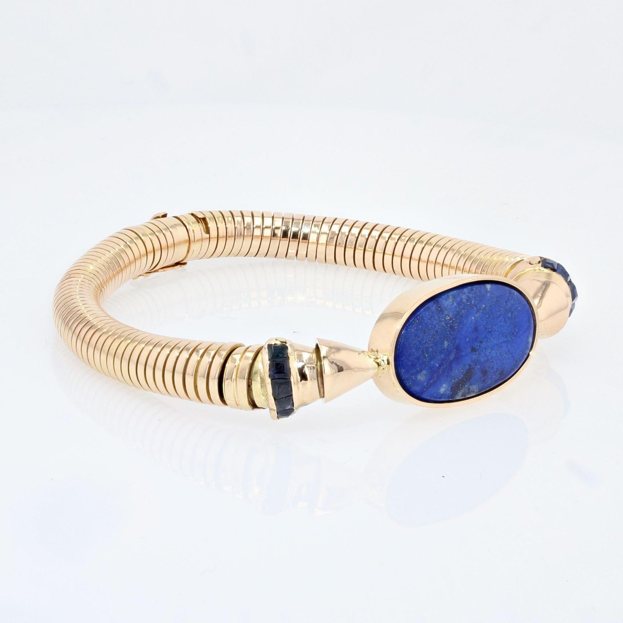 Cabochon 1940s Lapis Lazuli Sapphire 18 Karat Yellow Gold Tubogas Bracelet For Sale