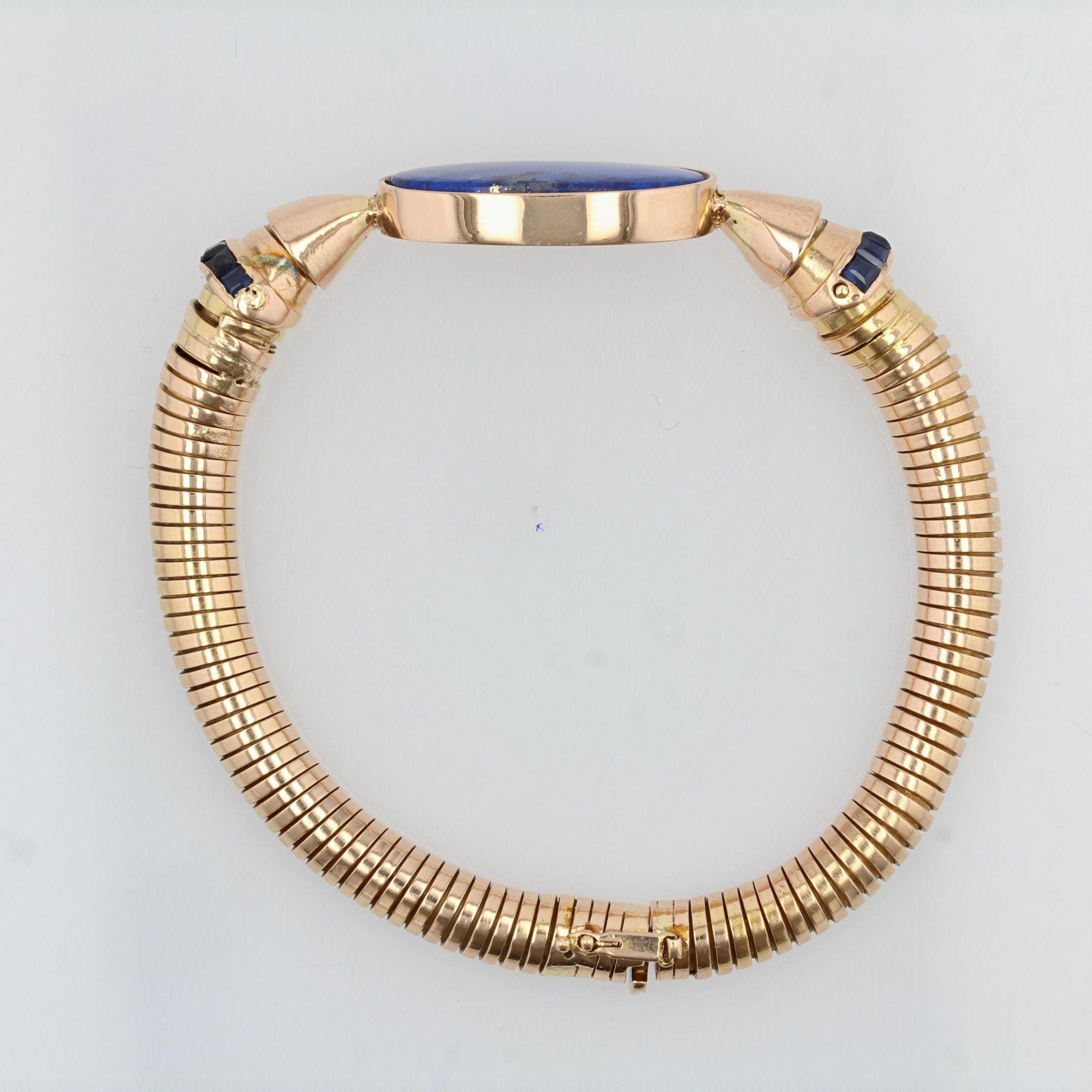 Women's 1940s Lapis Lazuli Sapphire 18 Karat Yellow Gold Tubogas Bracelet For Sale