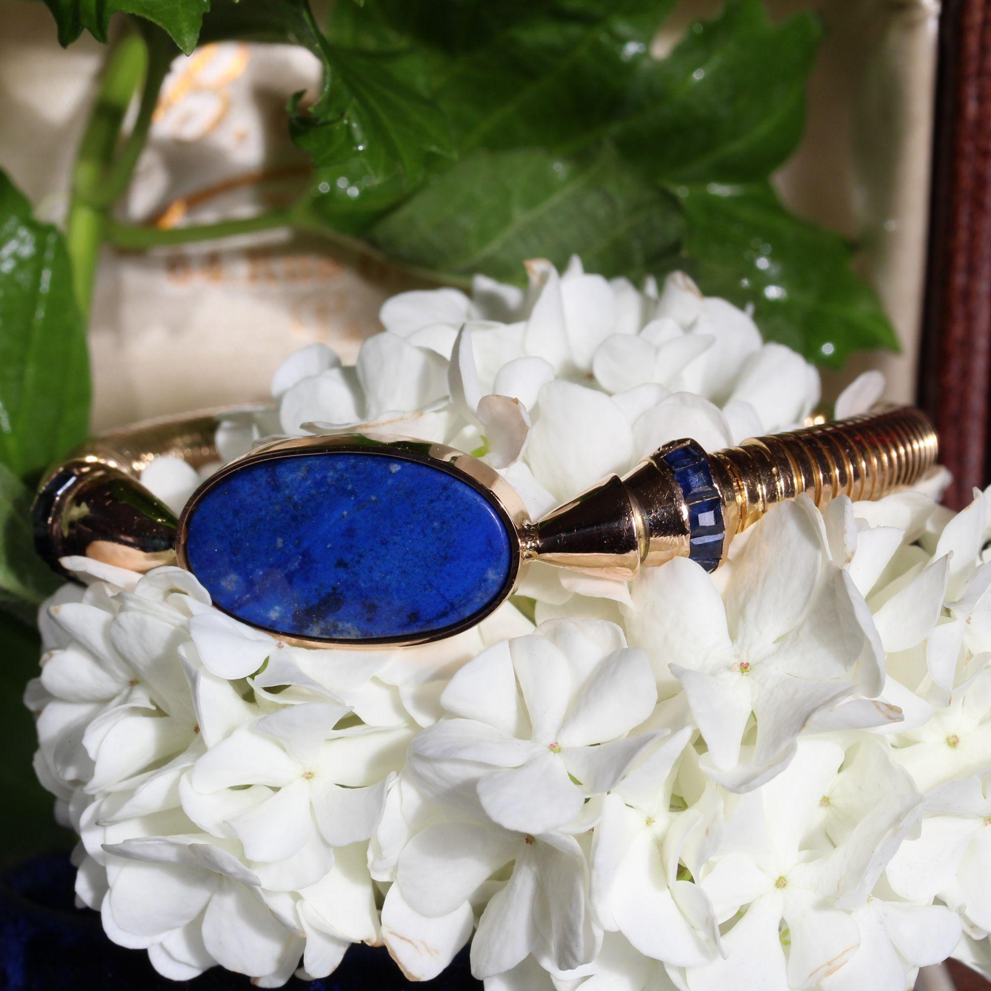 1940s Lapis Lazuli Sapphire 18 Karat Yellow Gold Tubogas Bracelet For Sale 1