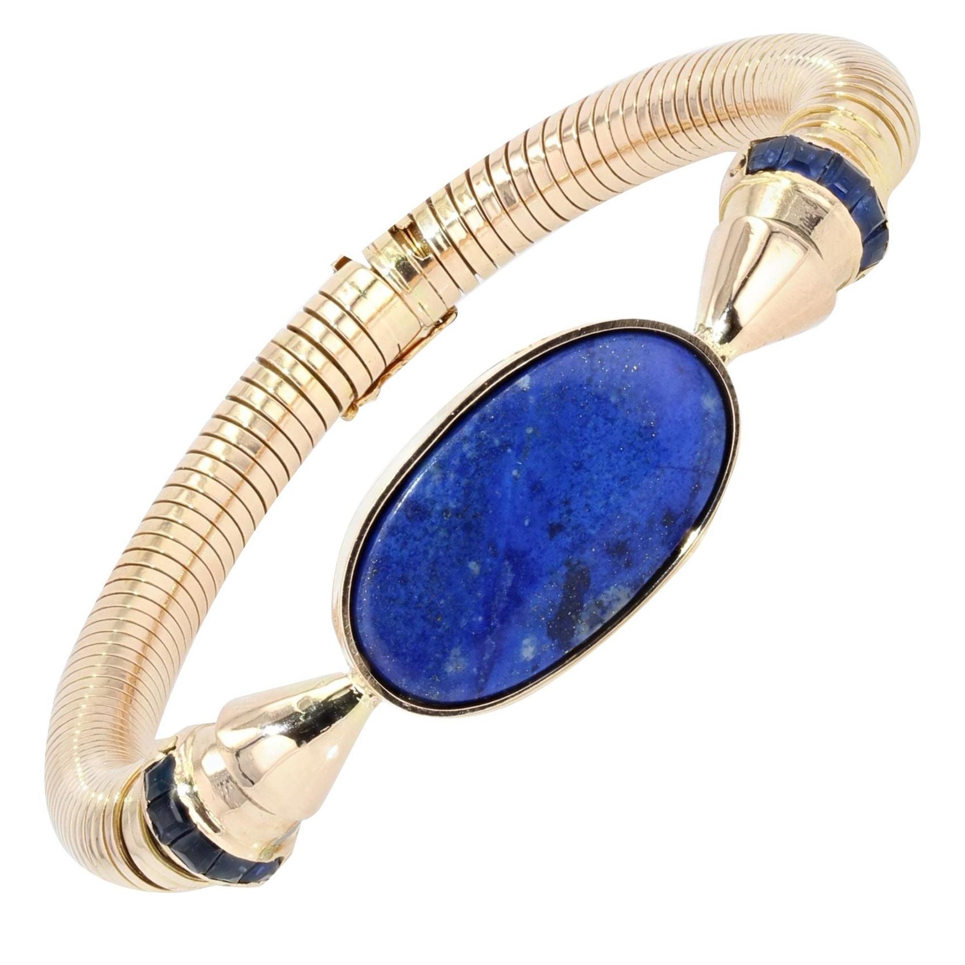 Bracelet tubogas en or jaune 18 carats avec lapis-lazuli et saphirs, années 1940