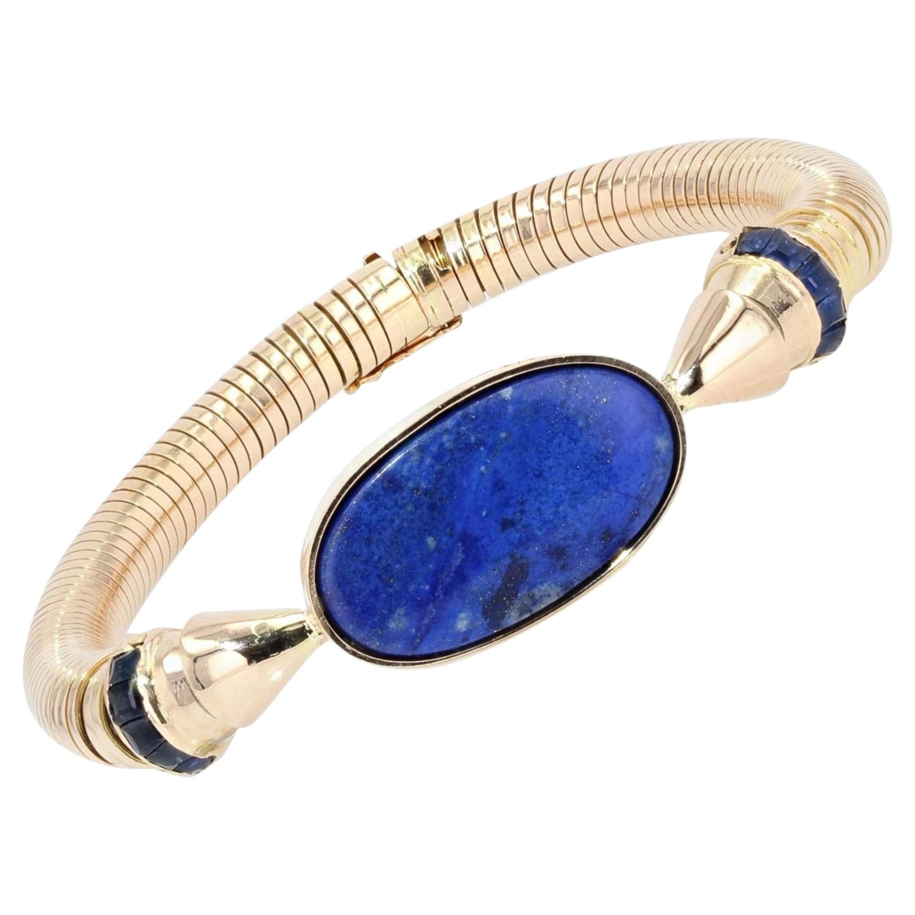 1940s Lapis Lazuli Sapphire 18 Karat Yellow Gold Tubogas Bracelet