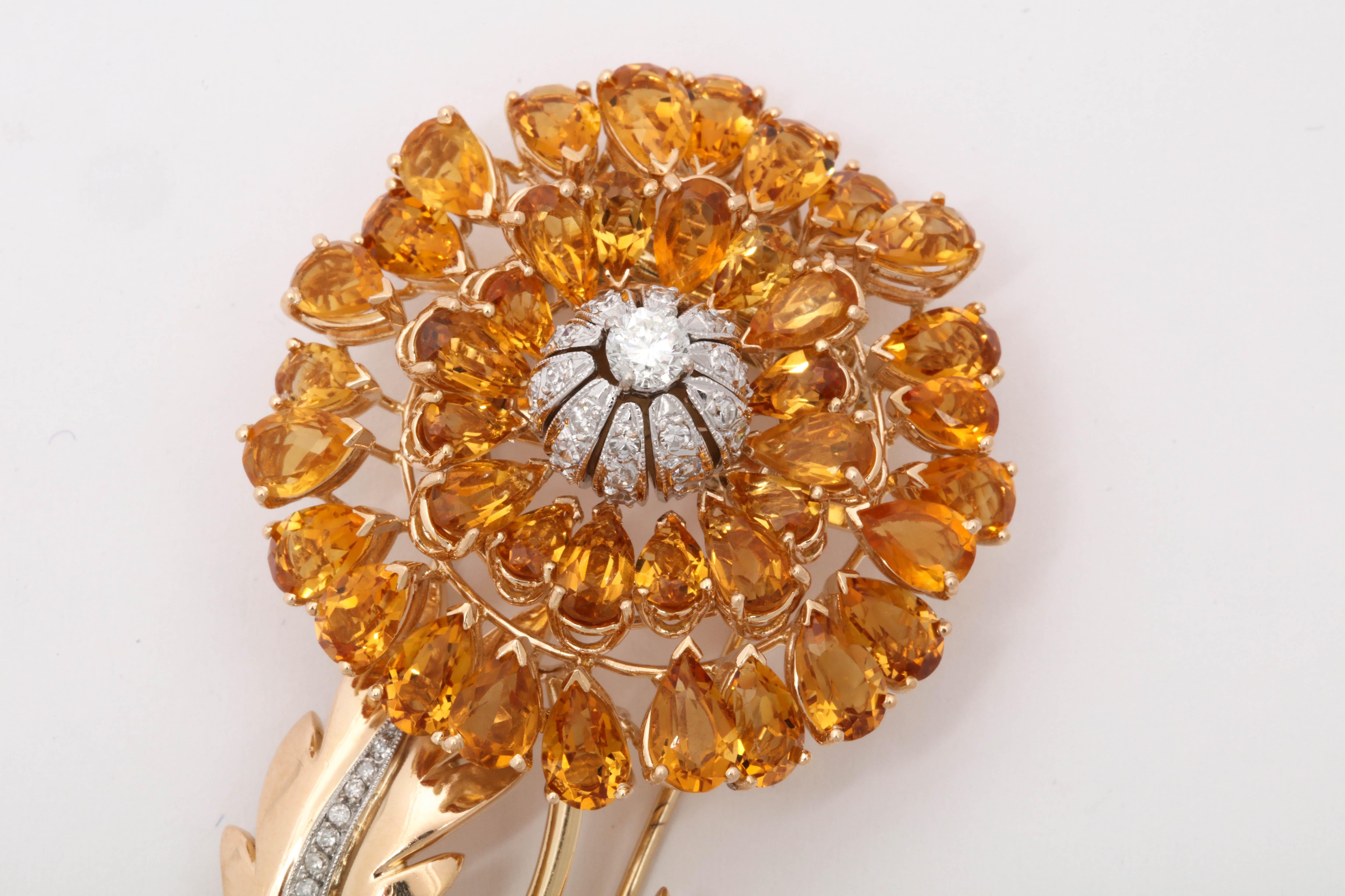 Pear Cut 1940s Large and Dramatic Floral Citrine with Diamonds Gold Double Clip Brooch For Sale