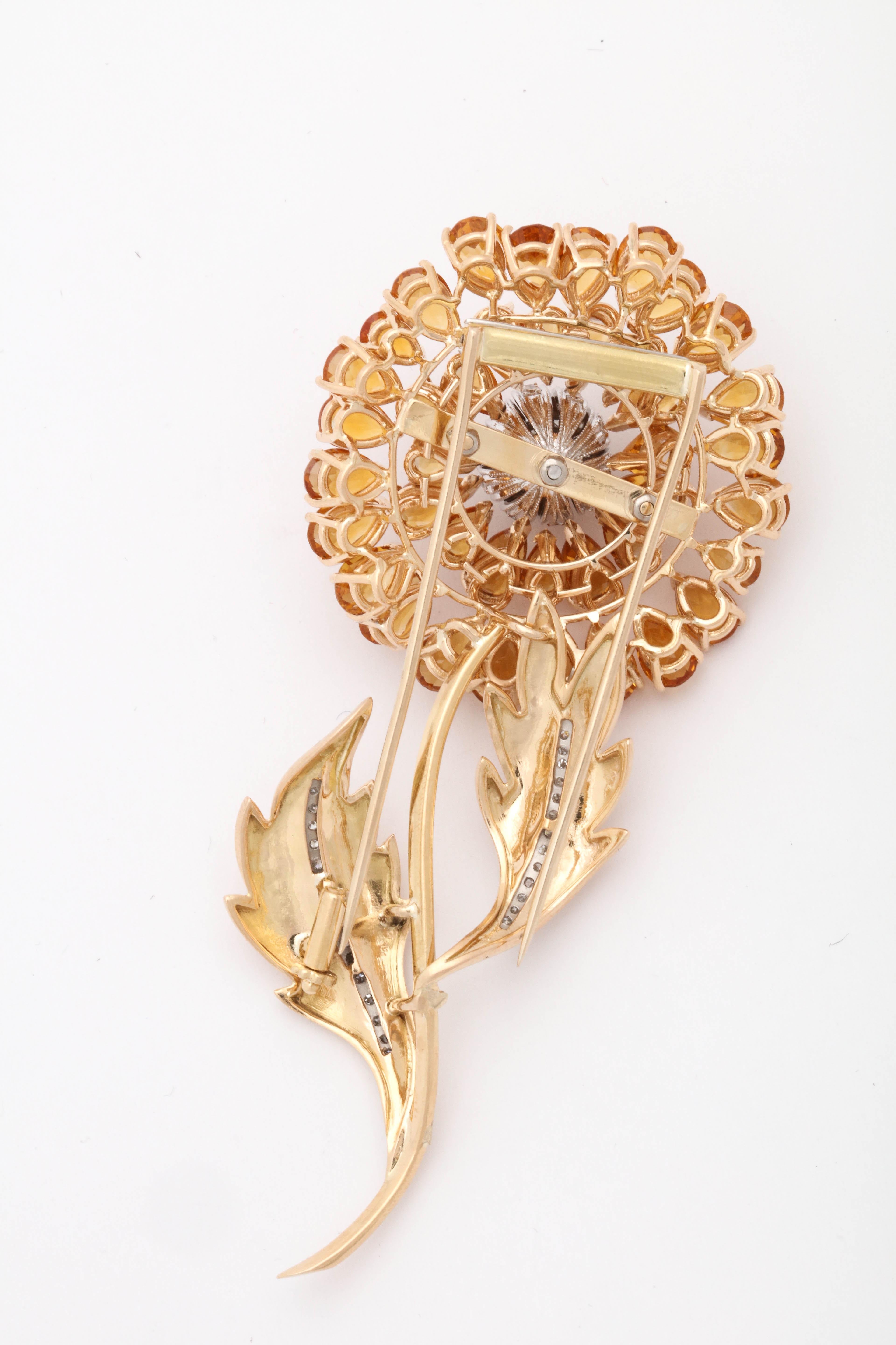 Women's 1940s Large and Dramatic Floral Citrine with Diamonds Gold Double Clip Brooch For Sale