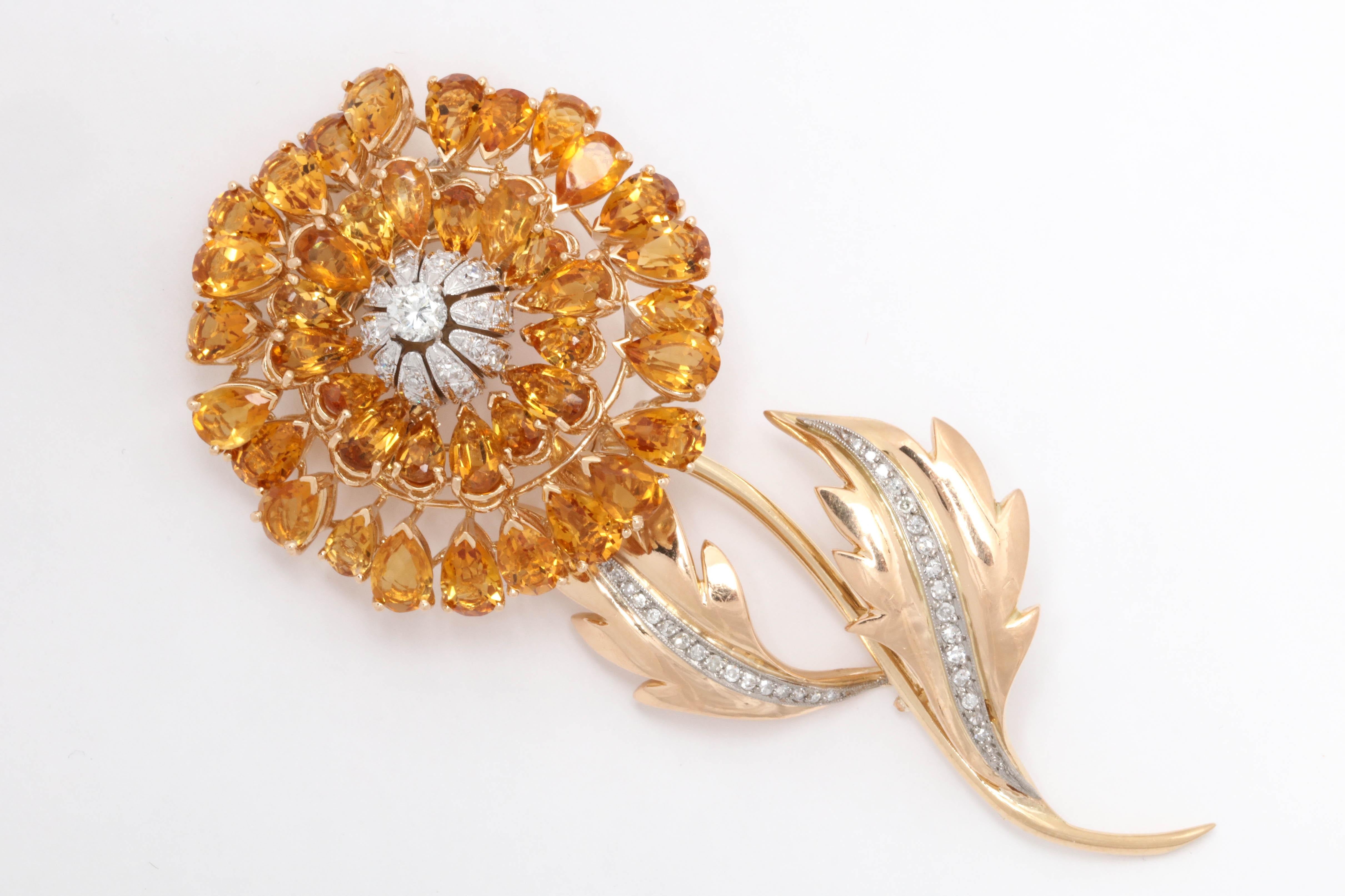 1940s Large and Dramatic Floral Citrine with Diamonds Gold Double Clip Brooch For Sale 4