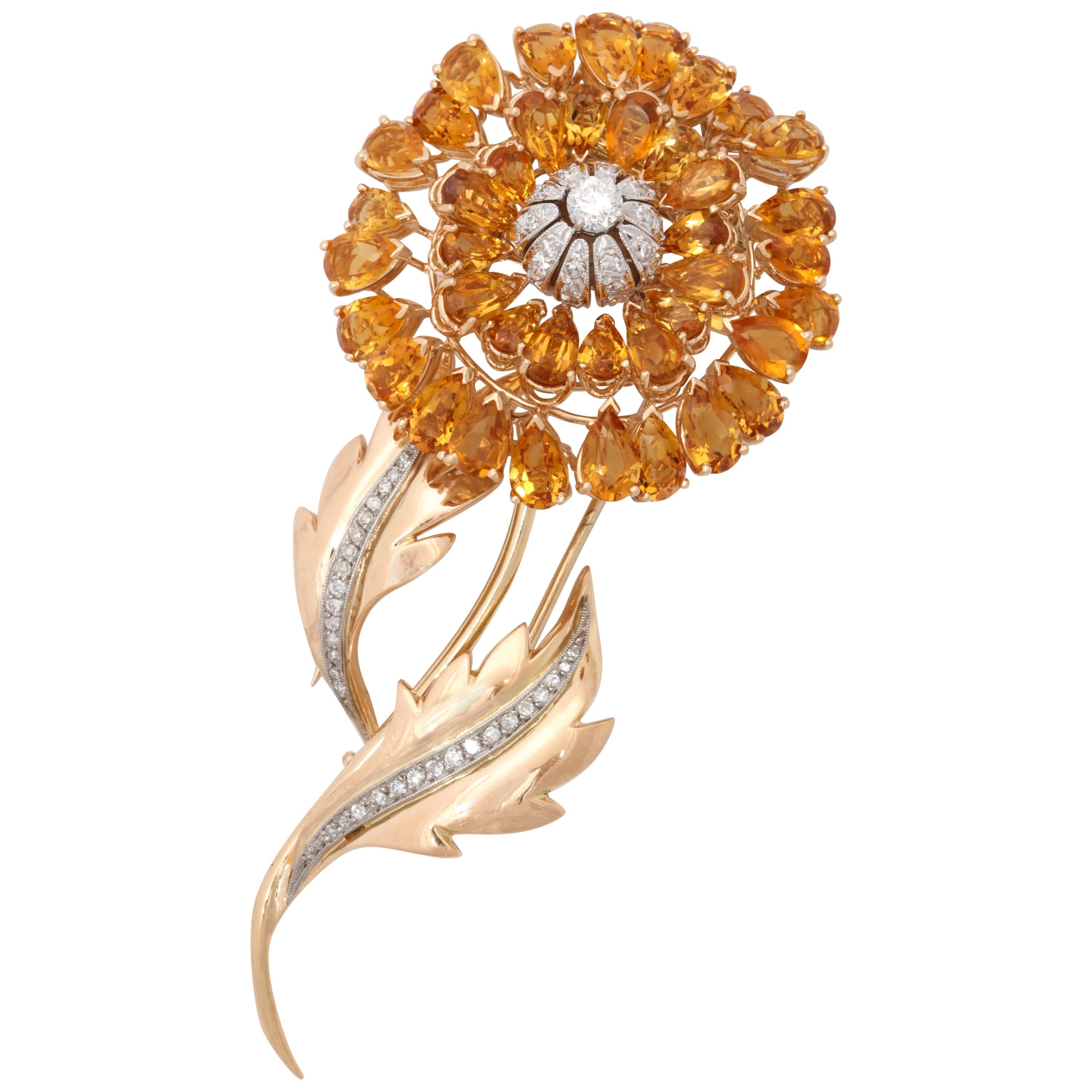 1940s Large and Dramatic Floral Citrine with Diamonds Gold Double Clip Brooch For Sale