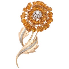 1940s Large and Dramatic Floral Citrine with Diamonds Gold Double Clip Brooch