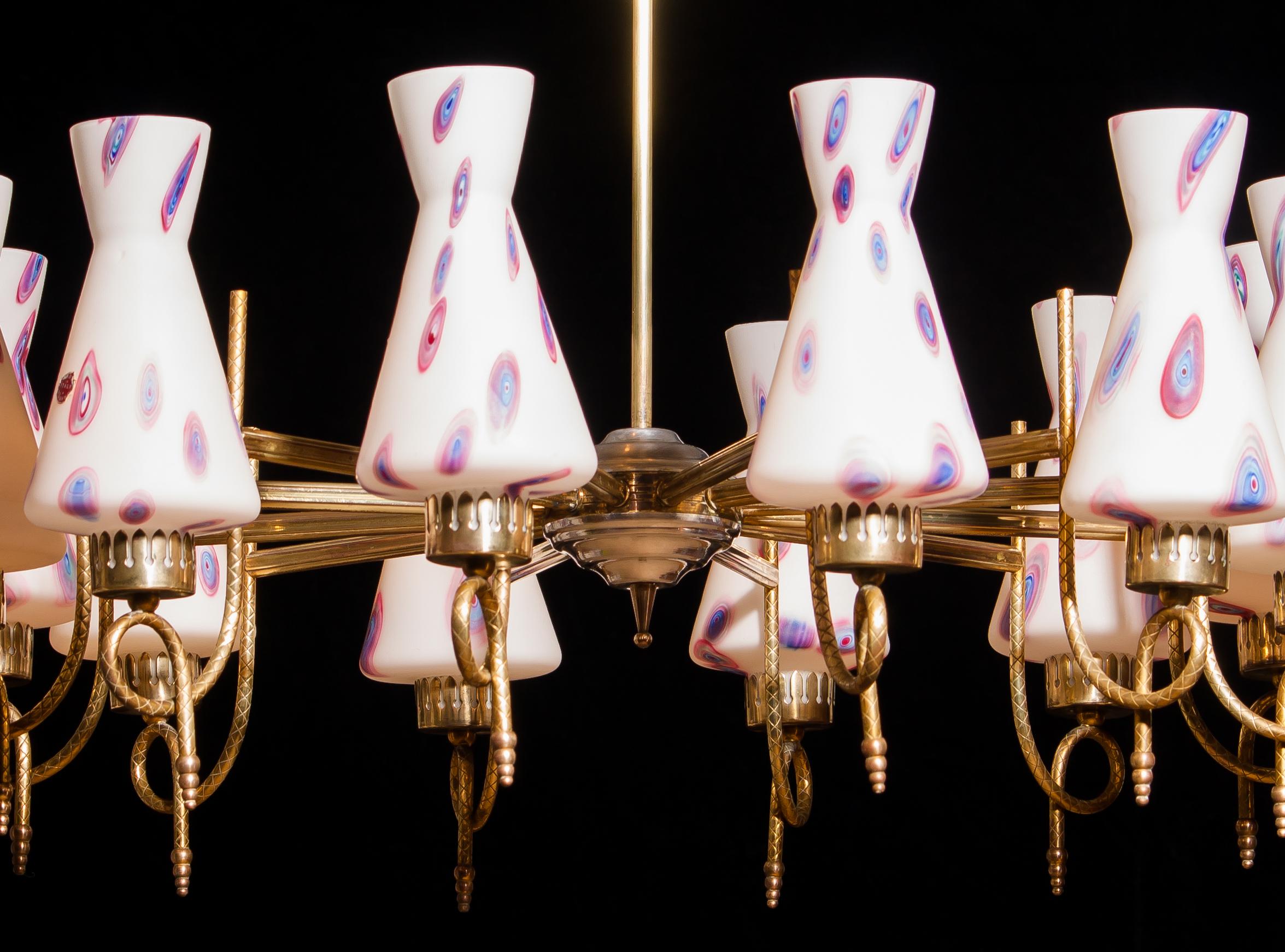 1940s, Large Brass and Multicolored Murano Venini Glass Chandelier In Excellent Condition In Silvolde, Gelderland