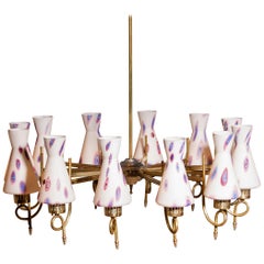 1940s, Large Brass and Multicolored Murano Venini Glass Chandelier