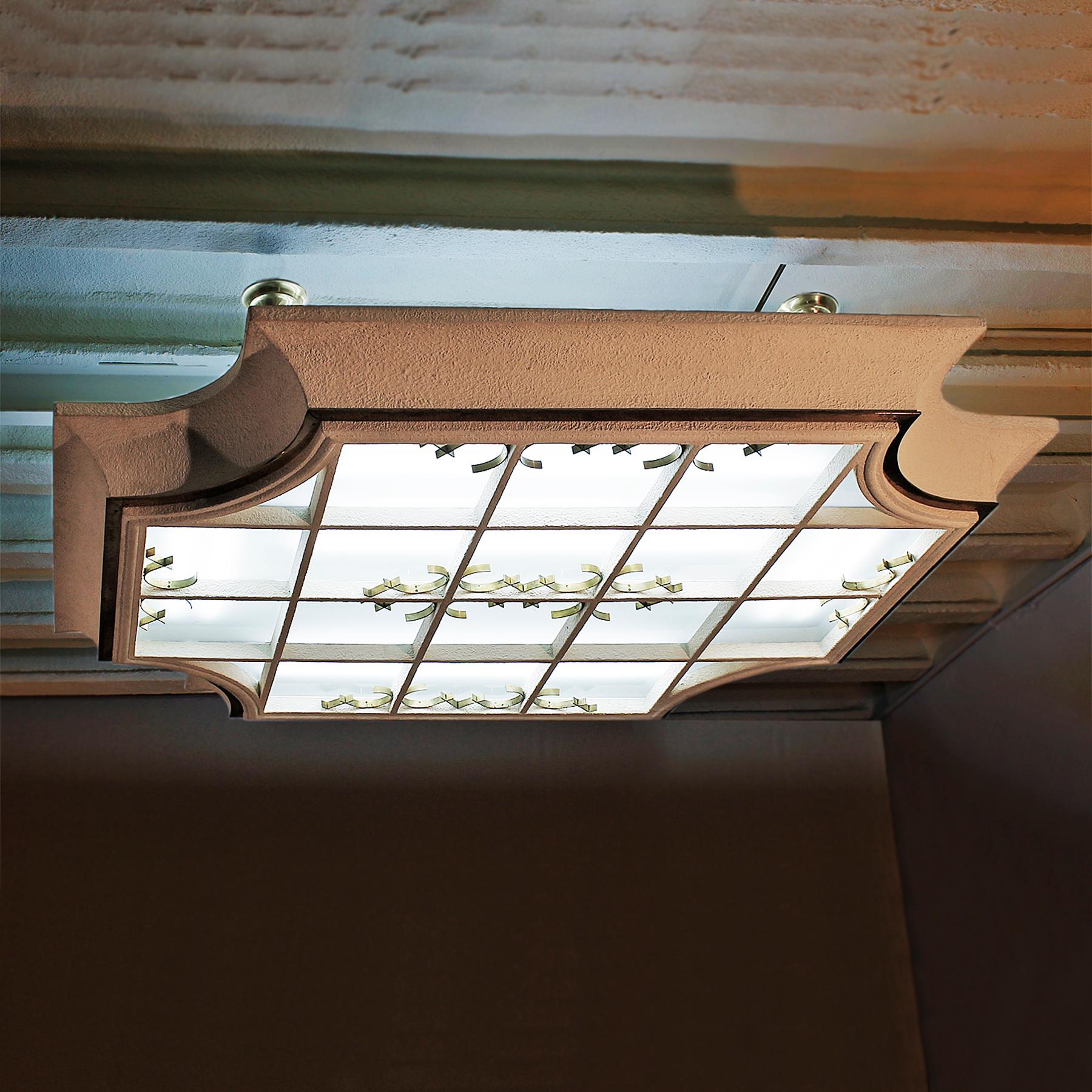 Large Mid-Century Modern Ceiling Light, Stuco, Bronze and Frosted Glass -Belgium In Good Condition For Sale In Girona, Girona