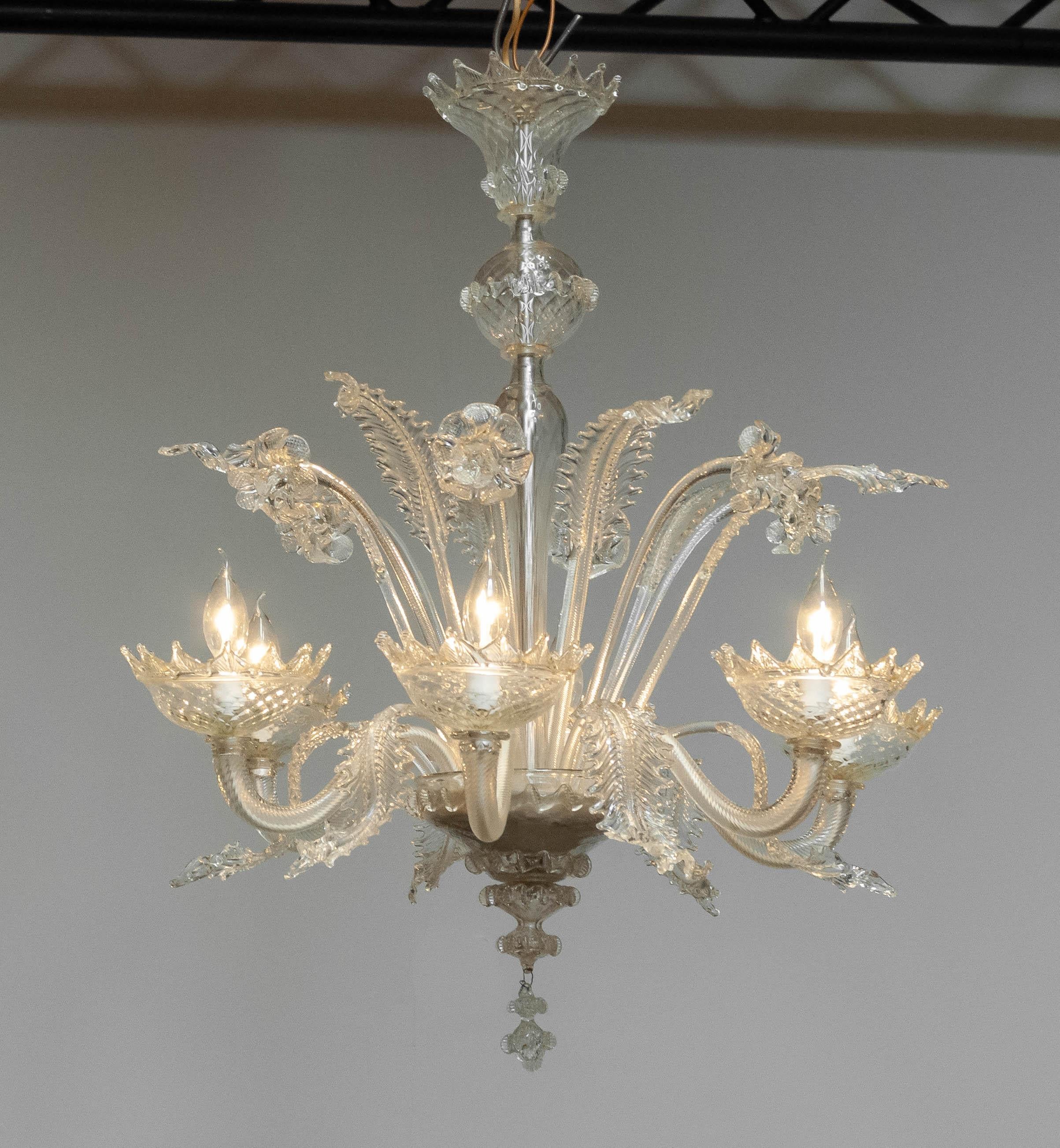 Baroque 1940's Large Clear Art Glass Murano Barrochi Chandelier by Barovier & Toso Italy For Sale