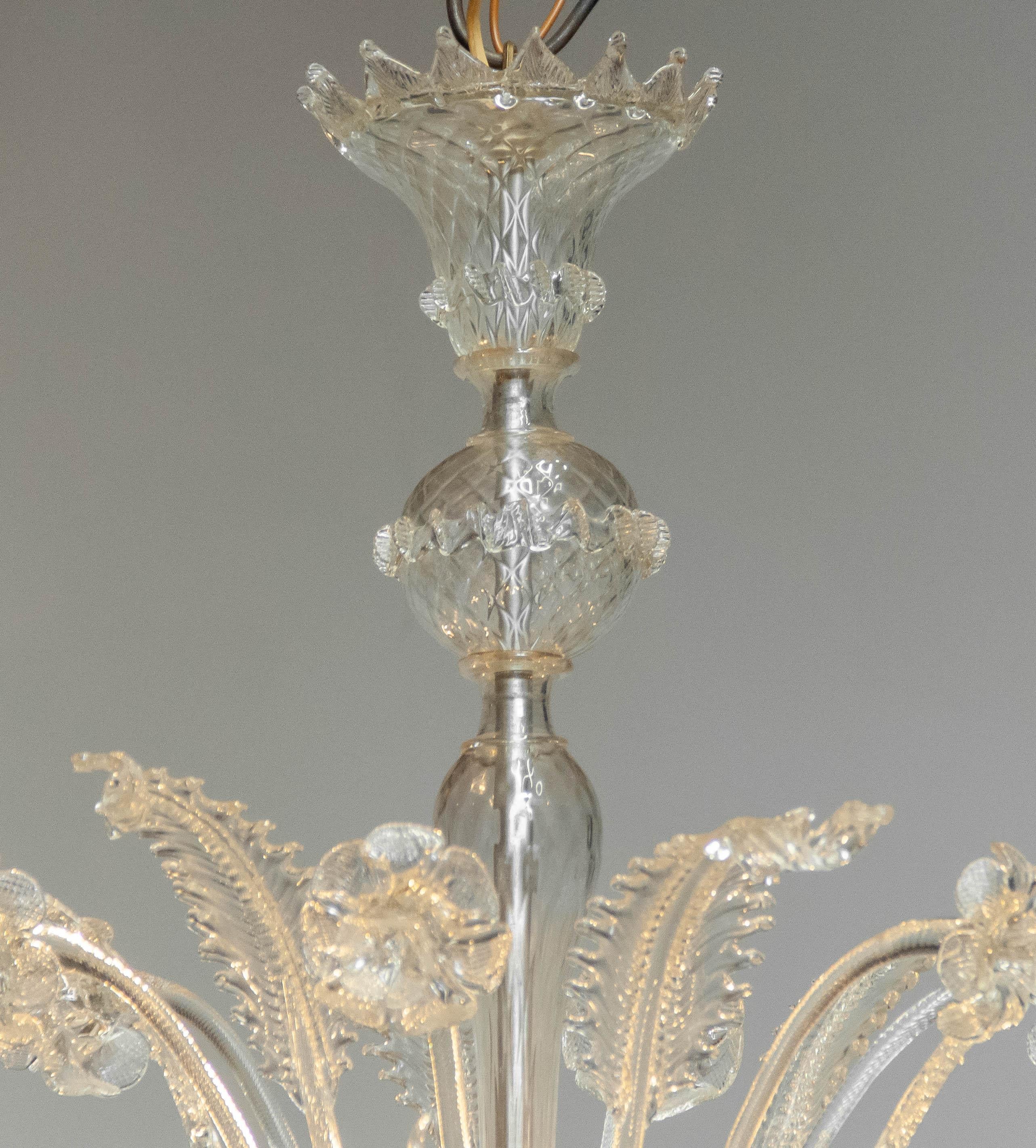 Italian 1940's Large Clear Art Glass Murano Barrochi Chandelier by Barovier & Toso Italy For Sale