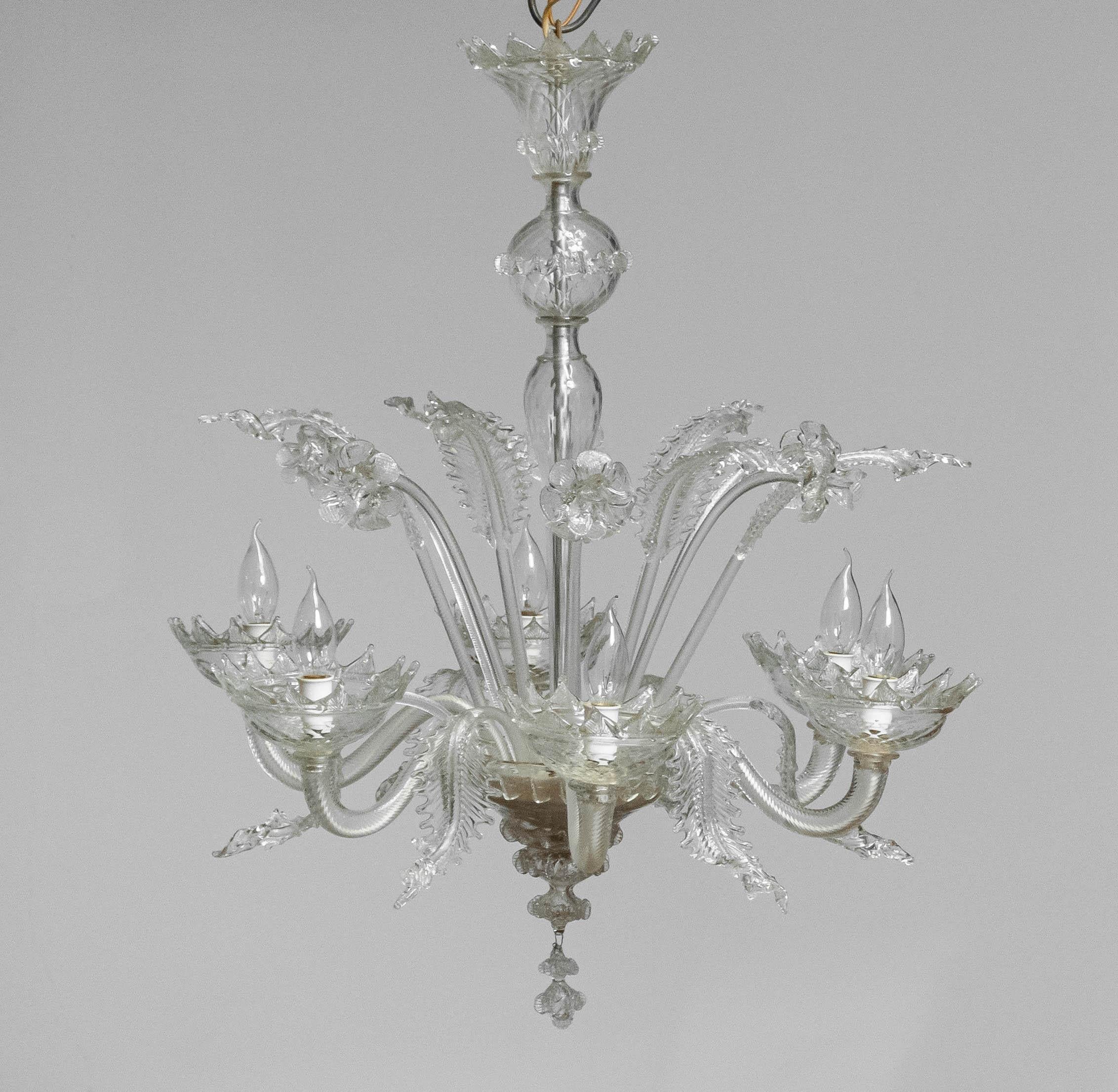 1940's Large Clear Art Glass Murano Barrochi Chandelier by Barovier & Toso Italy For Sale 1