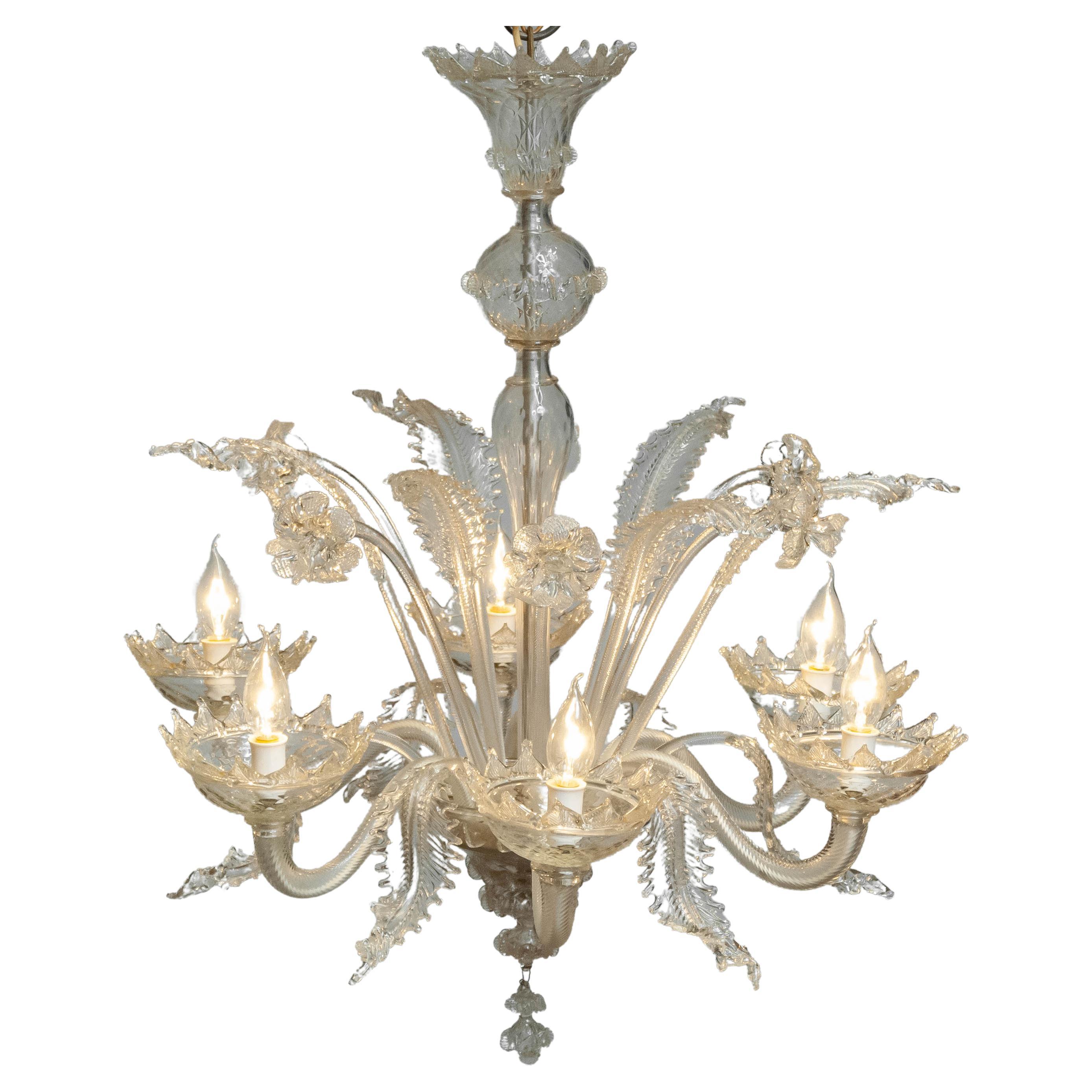 1940's Large Clear Art Glass Murano Barrochi Chandelier by Barovier & Toso Italy