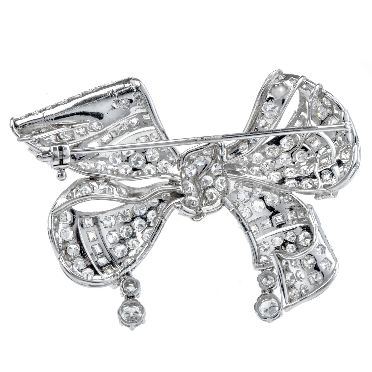 Retro 1940s Large Diamond Platinum Bow Brooch Pin Pendant 