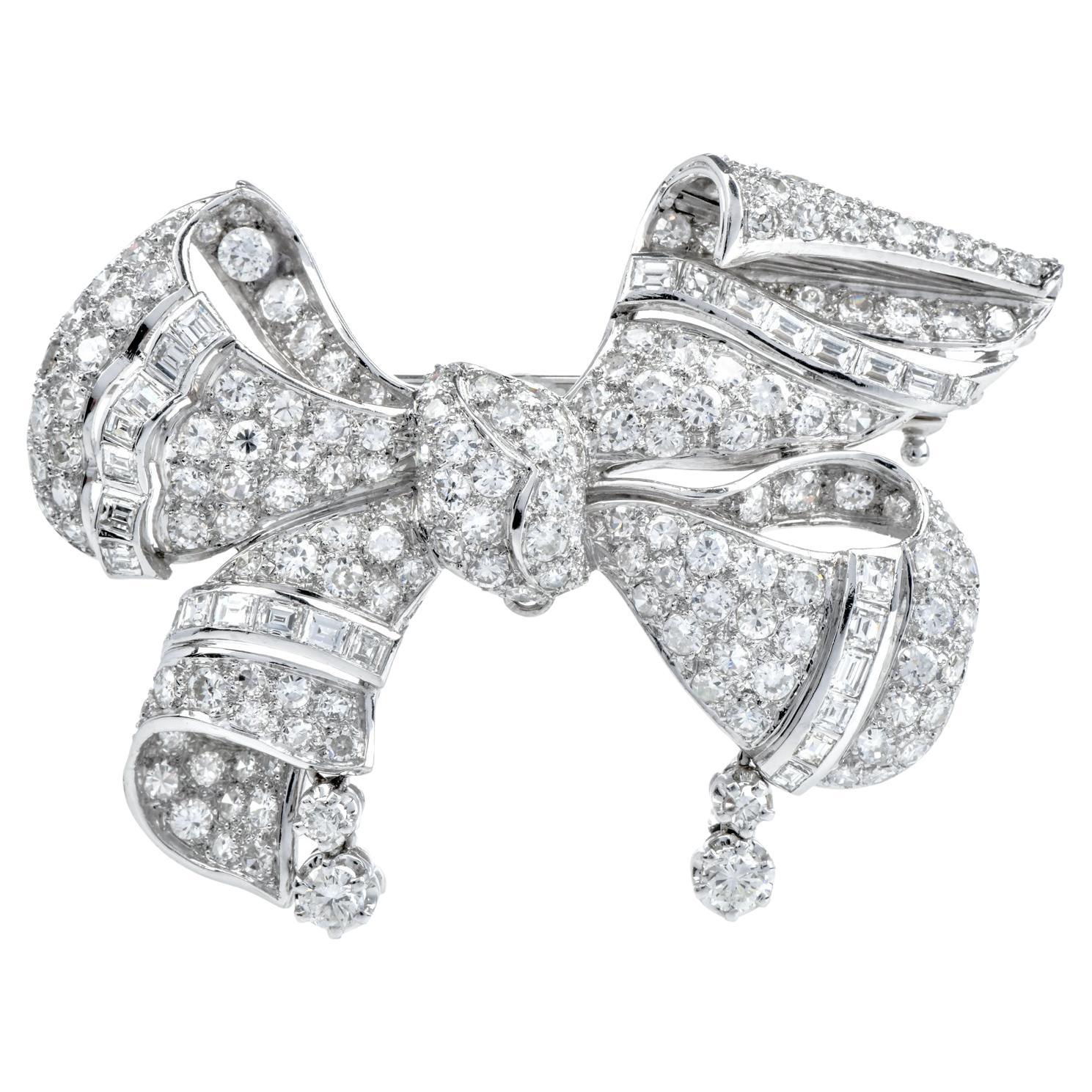 1940s Large Diamond Platinum Bow Brooch Pin Pendant 