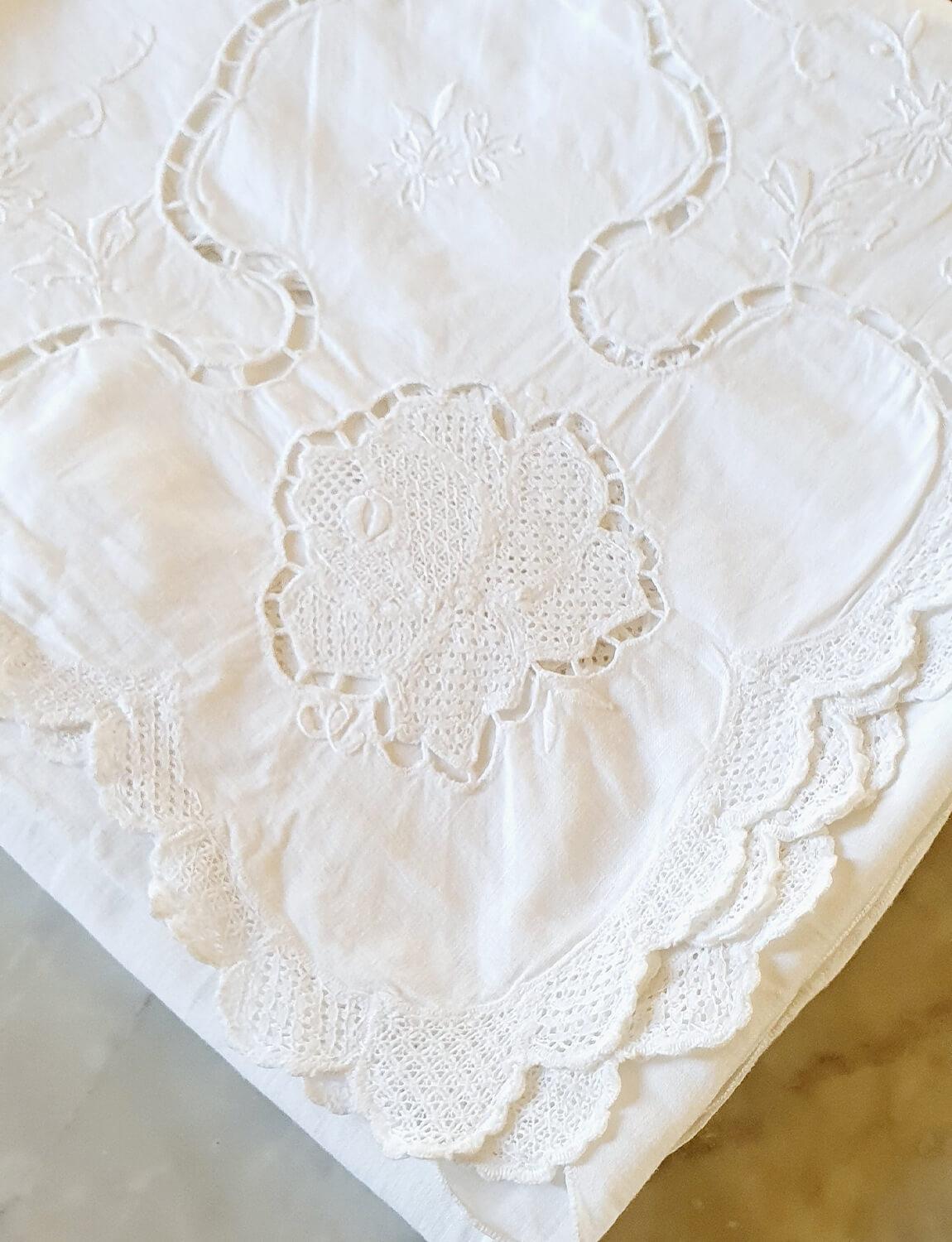 Linen 1940s Large Embroidered Italian linen Tablecloth