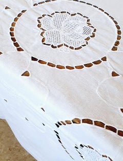 1940s Large Embroidered Italian linen Tablecloth