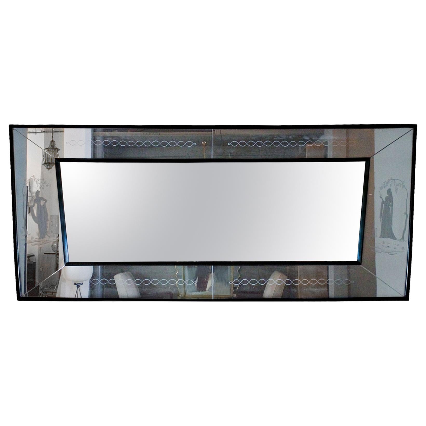 Large Mid-Century Modern Etched Mirror, Waxed Wood Frame and Moldings - Italy For Sale