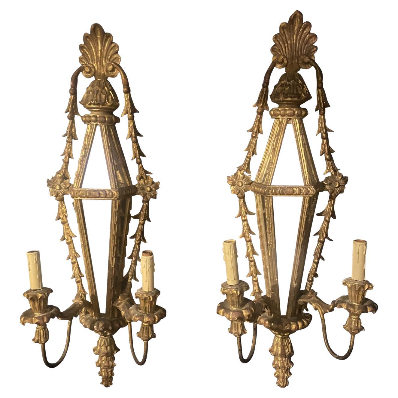 1940s Large Gilt wood and Mirrors Sconces For Sale