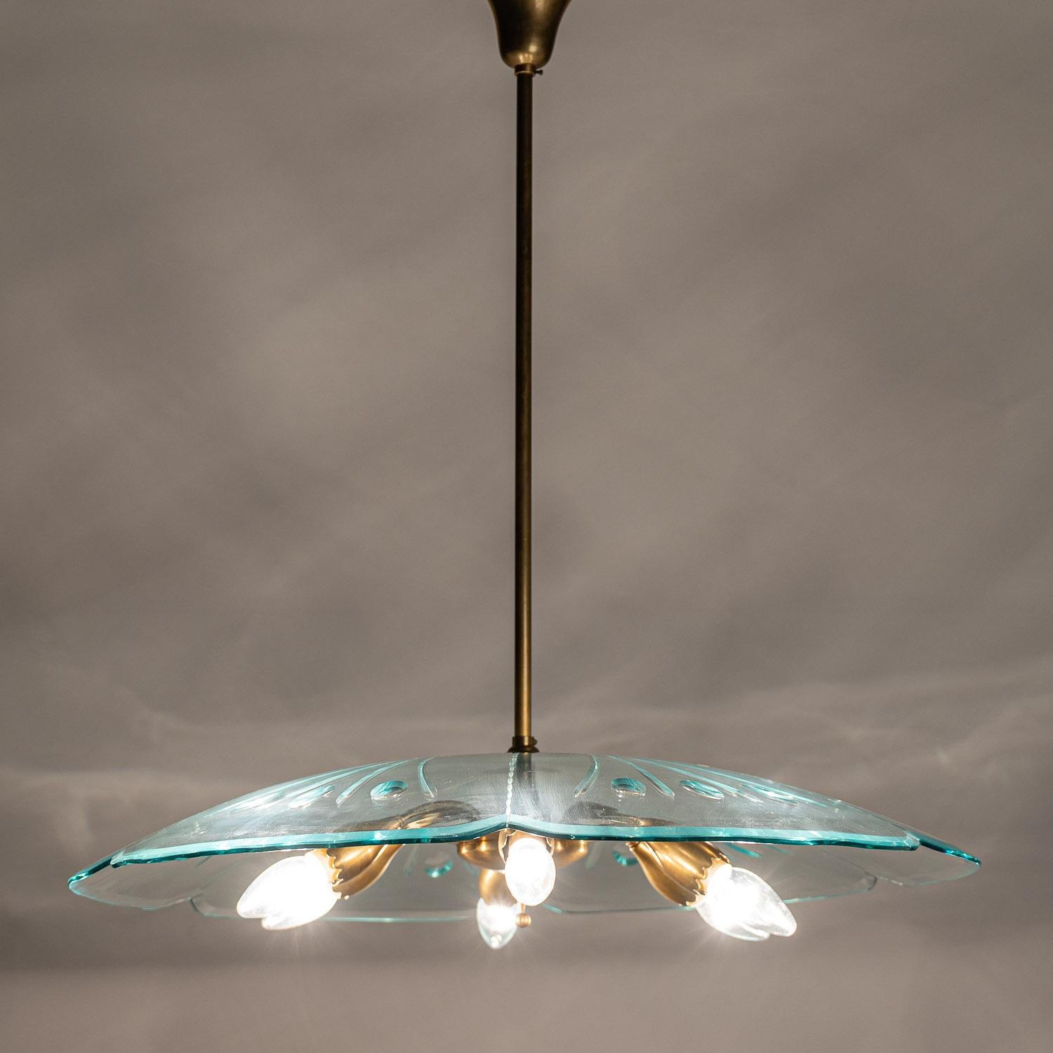 1940's Large Glass & Brass Pendant Attributed to Oscar Torlasco for Lumi For Sale 9