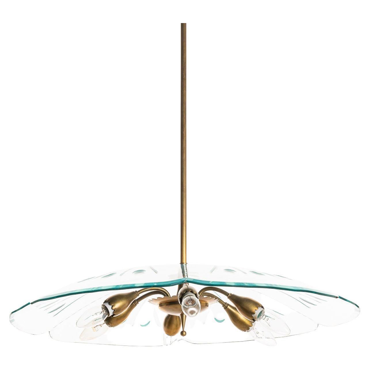 1940's Large Glass & Brass Pendant Attributed to Oscar Torlasco for Lumi For Sale