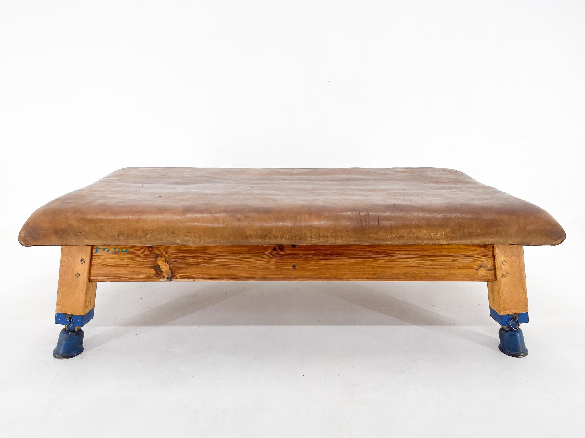 A very sturdy, unusualy large, heavy vintage gym bench with a patinated leather covered top that is set into a solid wooden bench frame. The legs have been shortened. All parts are original. The bench was salvaged from a gymnasium in the former