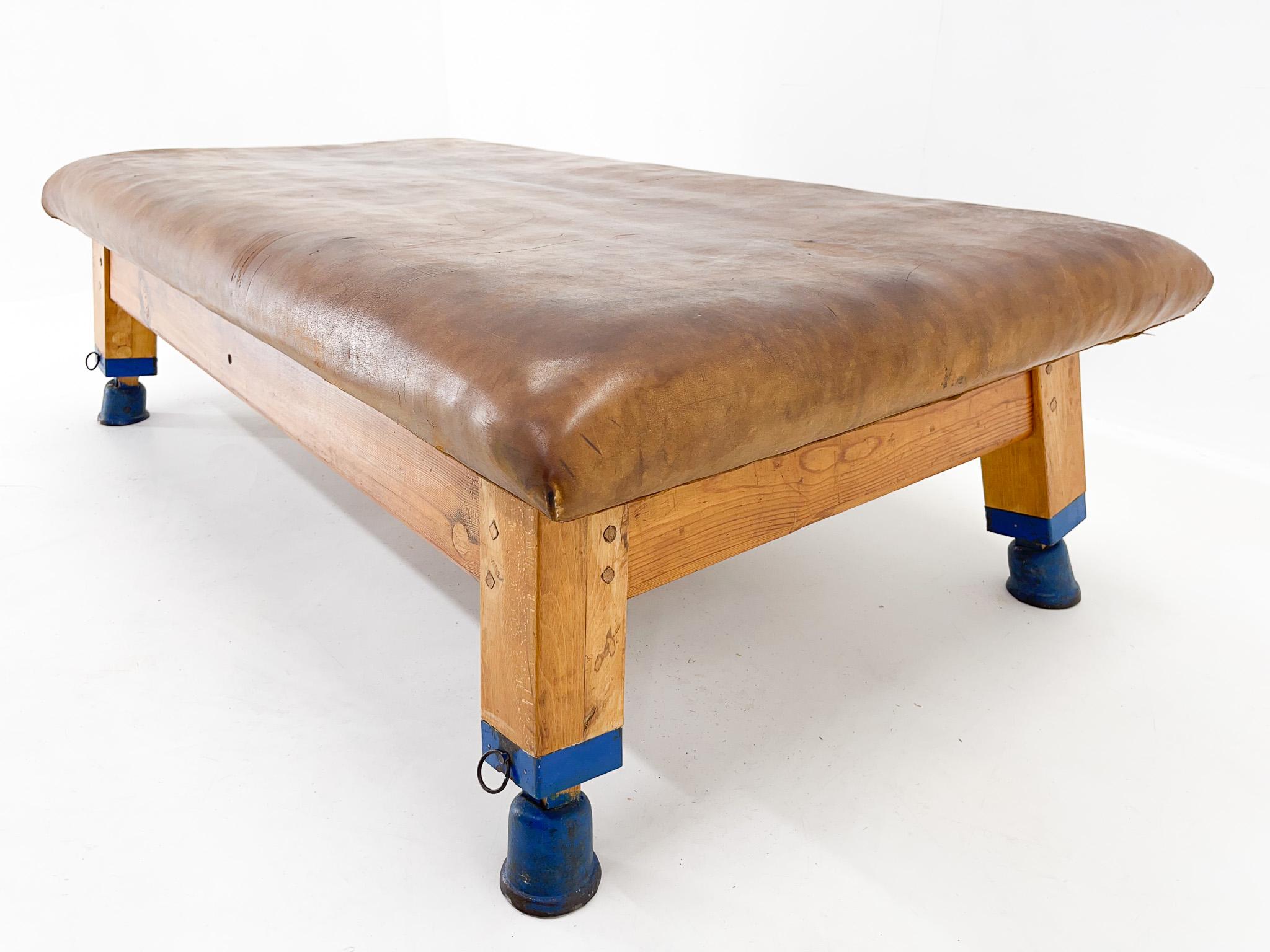 Mid-Century Modern 1940s Large Leather & Wood Gym Bench, Czechoslovakia For Sale