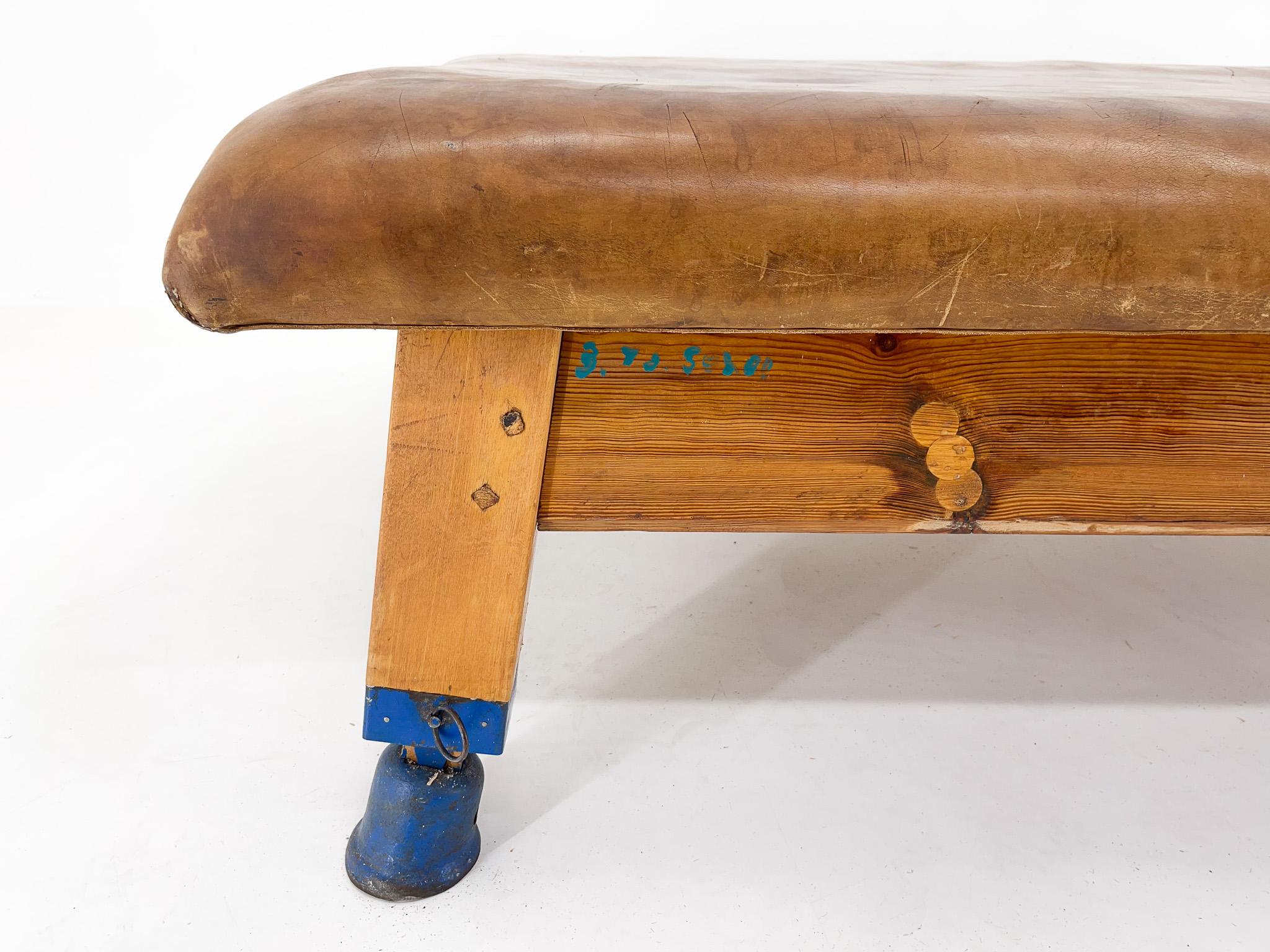 20th Century 1940s Large Leather & Wood Gym Bench, Czechoslovakia For Sale