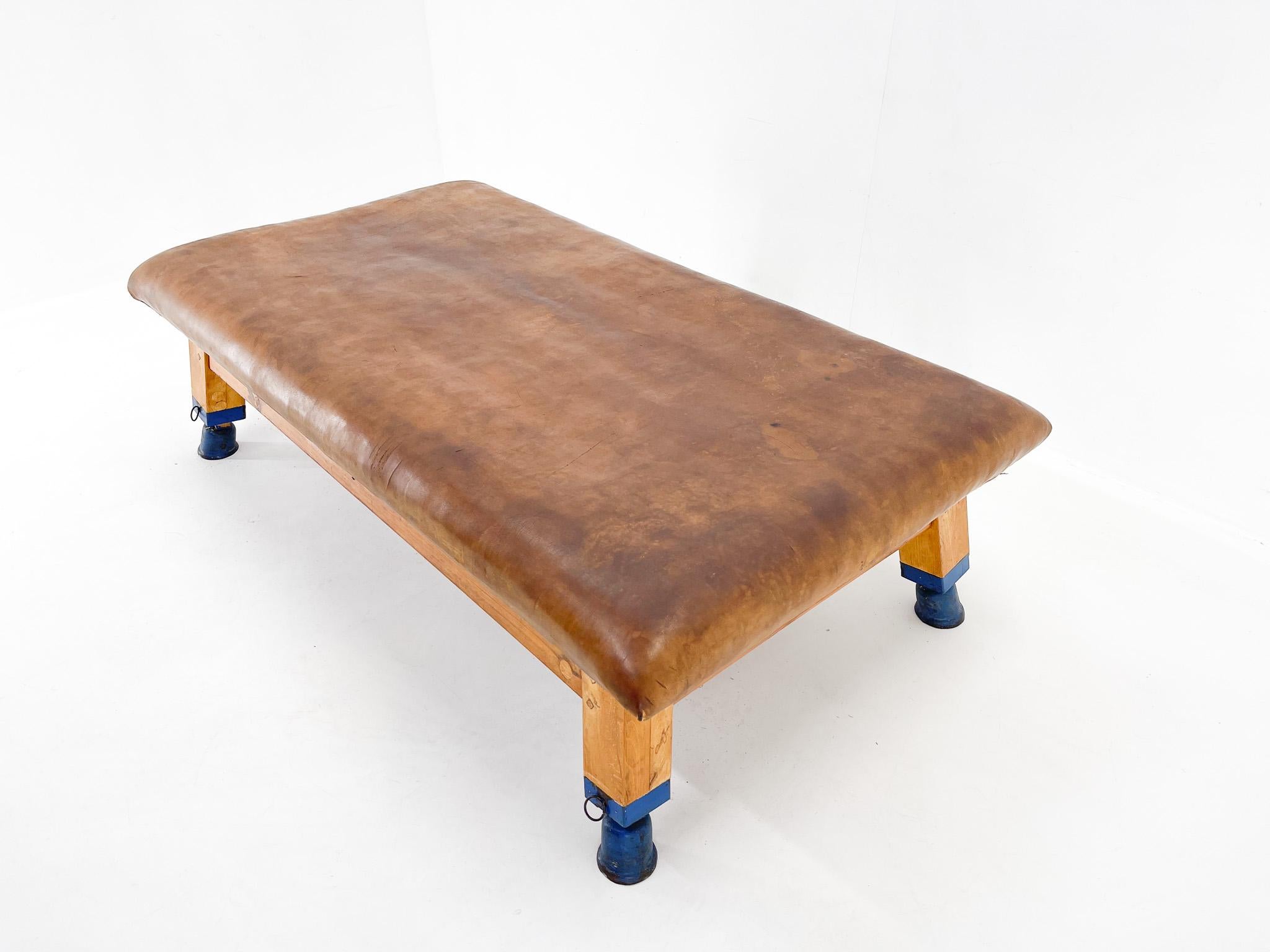 1940s Large Leather & Wood Gym Bench, Czechoslovakia For Sale 1