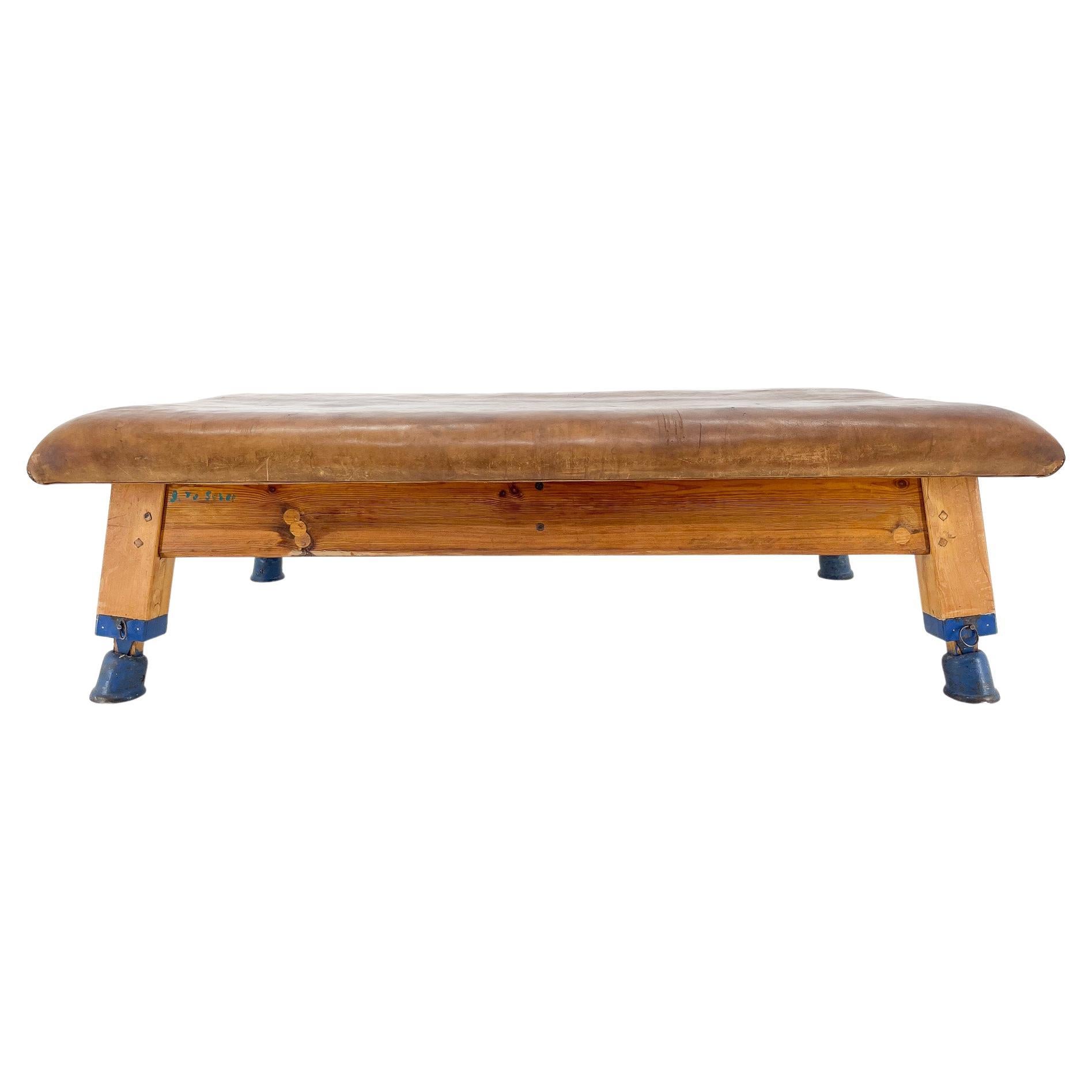 1940s Large Leather & Wood Gym Bench, Czechoslovakia For Sale