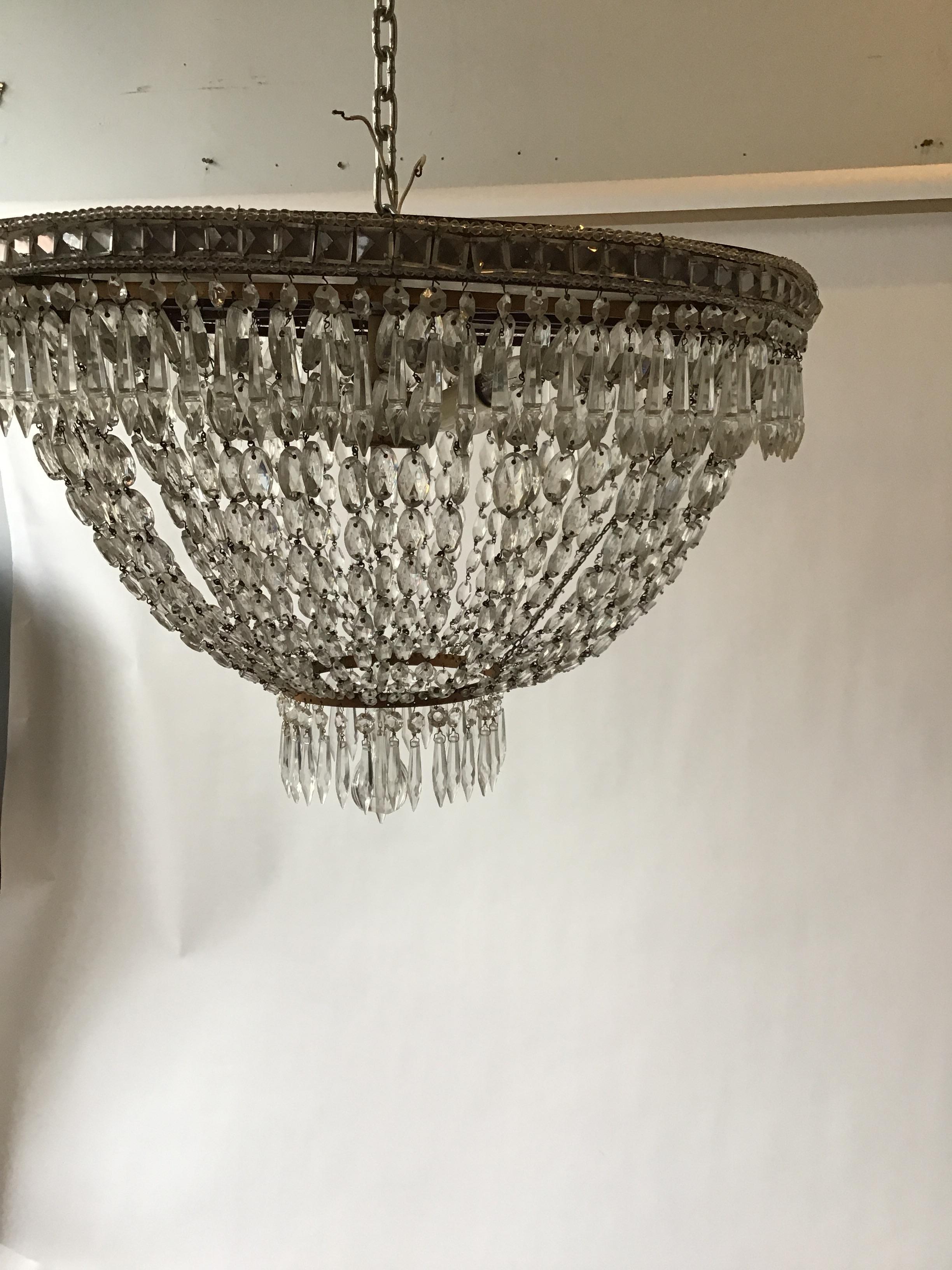 1940s Large Oval French Flush Mounted Crystal Chandelier In Good Condition In Tarrytown, NY