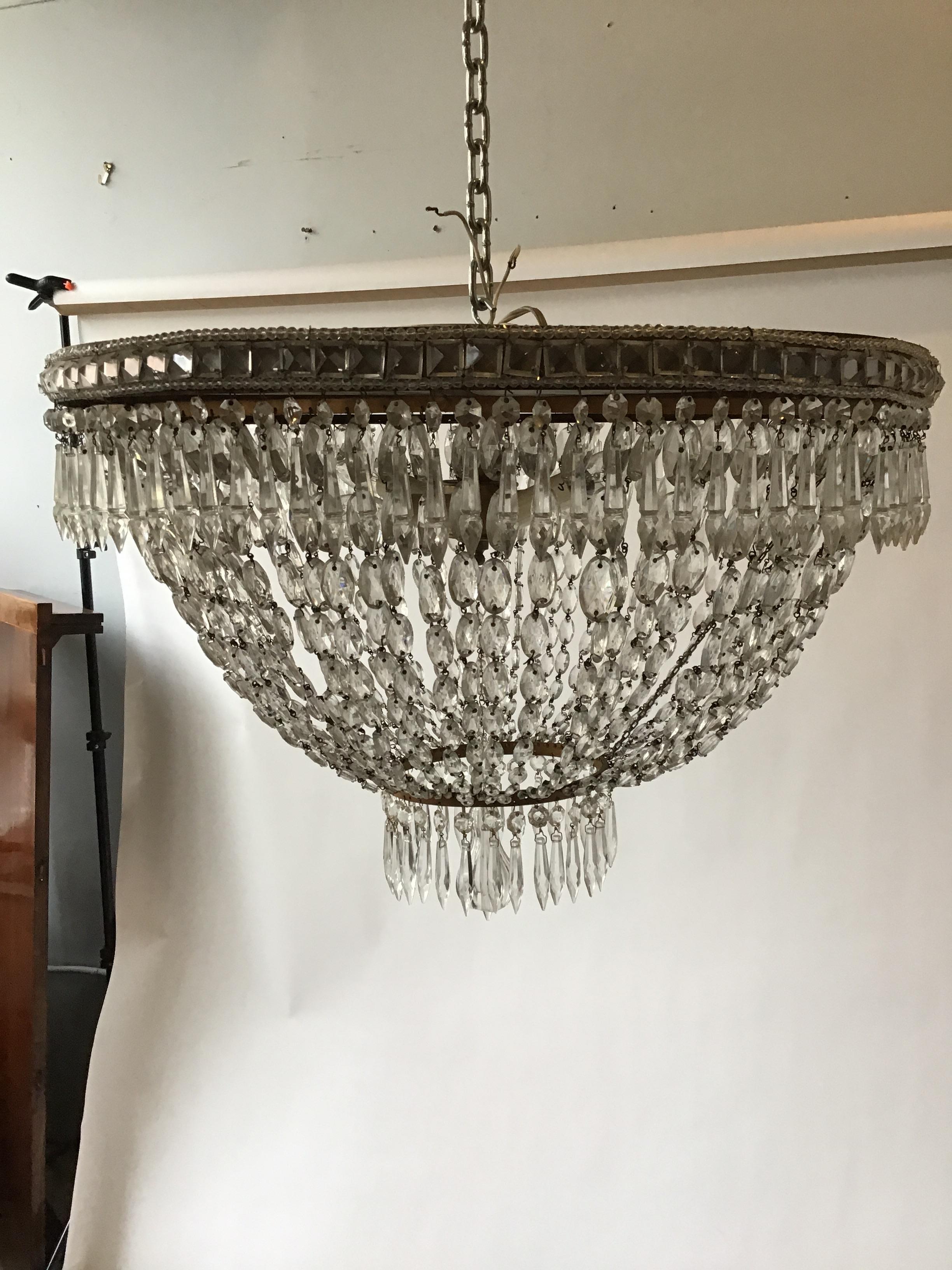 Mid-20th Century 1940s Large Oval French Flush Mounted Crystal Chandelier
