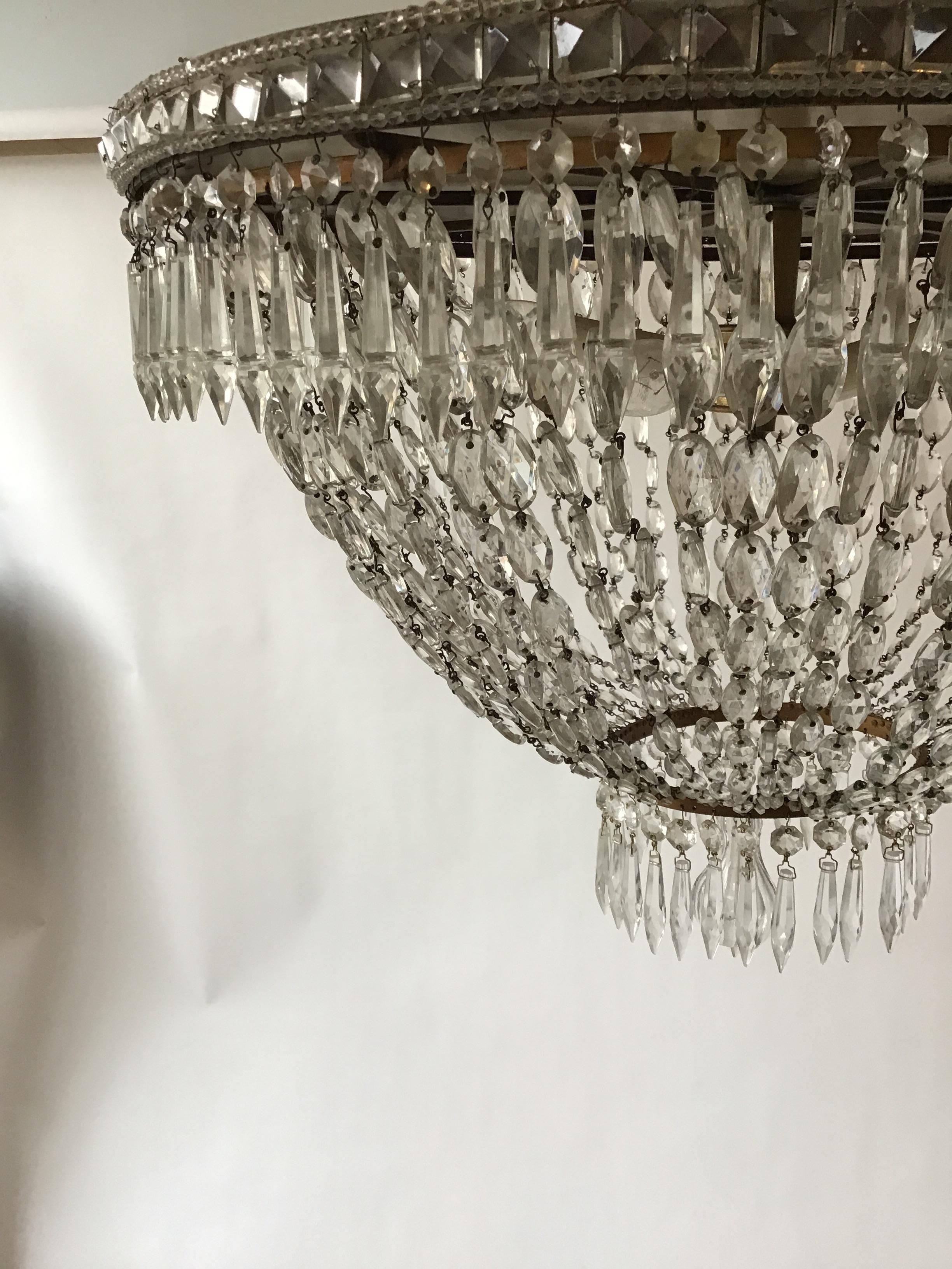 1940s Large Oval French Flush Mounted Crystal Chandelier 2