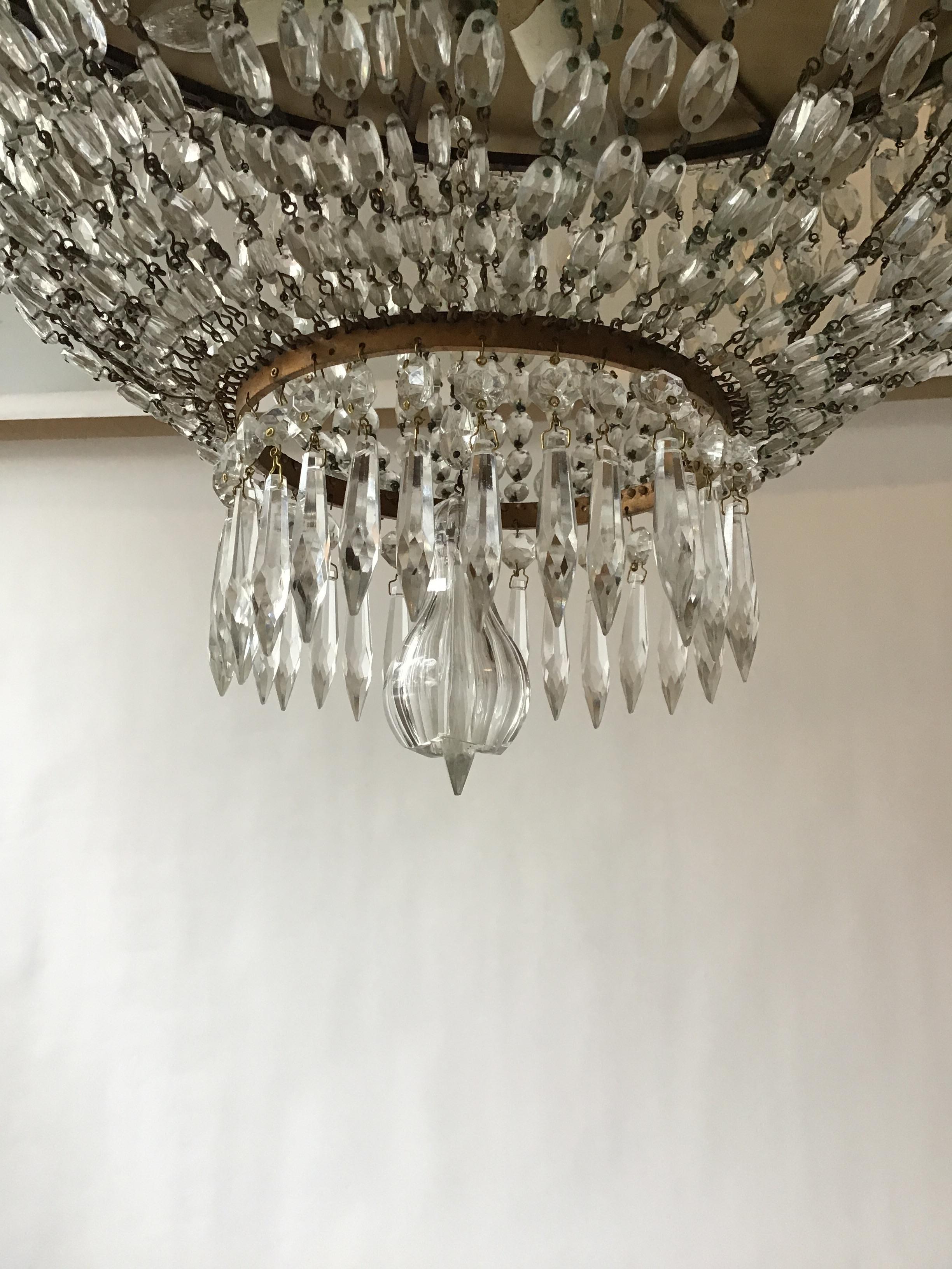 1940s Large Oval French Flush Mounted Crystal Chandelier 3