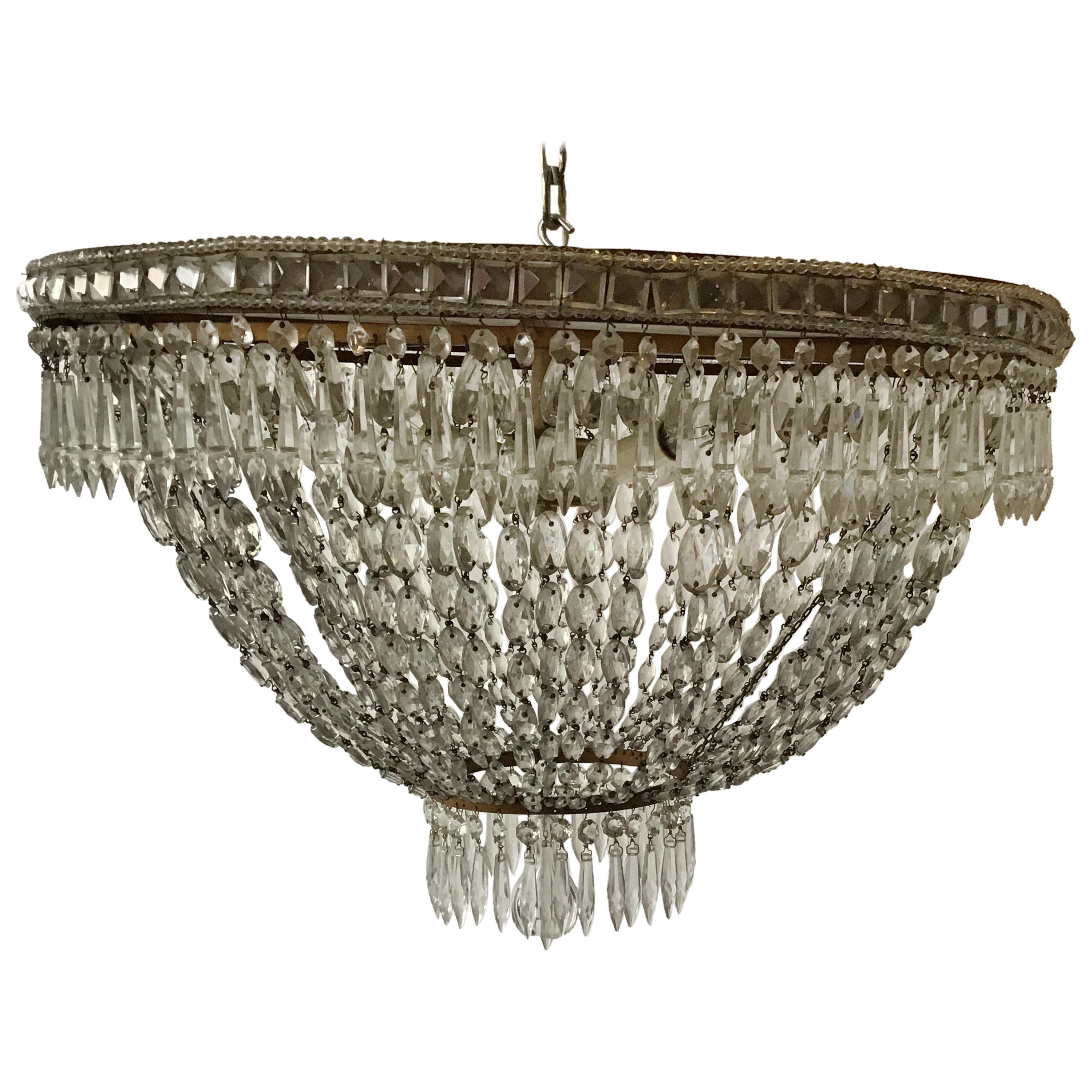 1940s Large Oval French Flush Mounted Crystal Chandelier