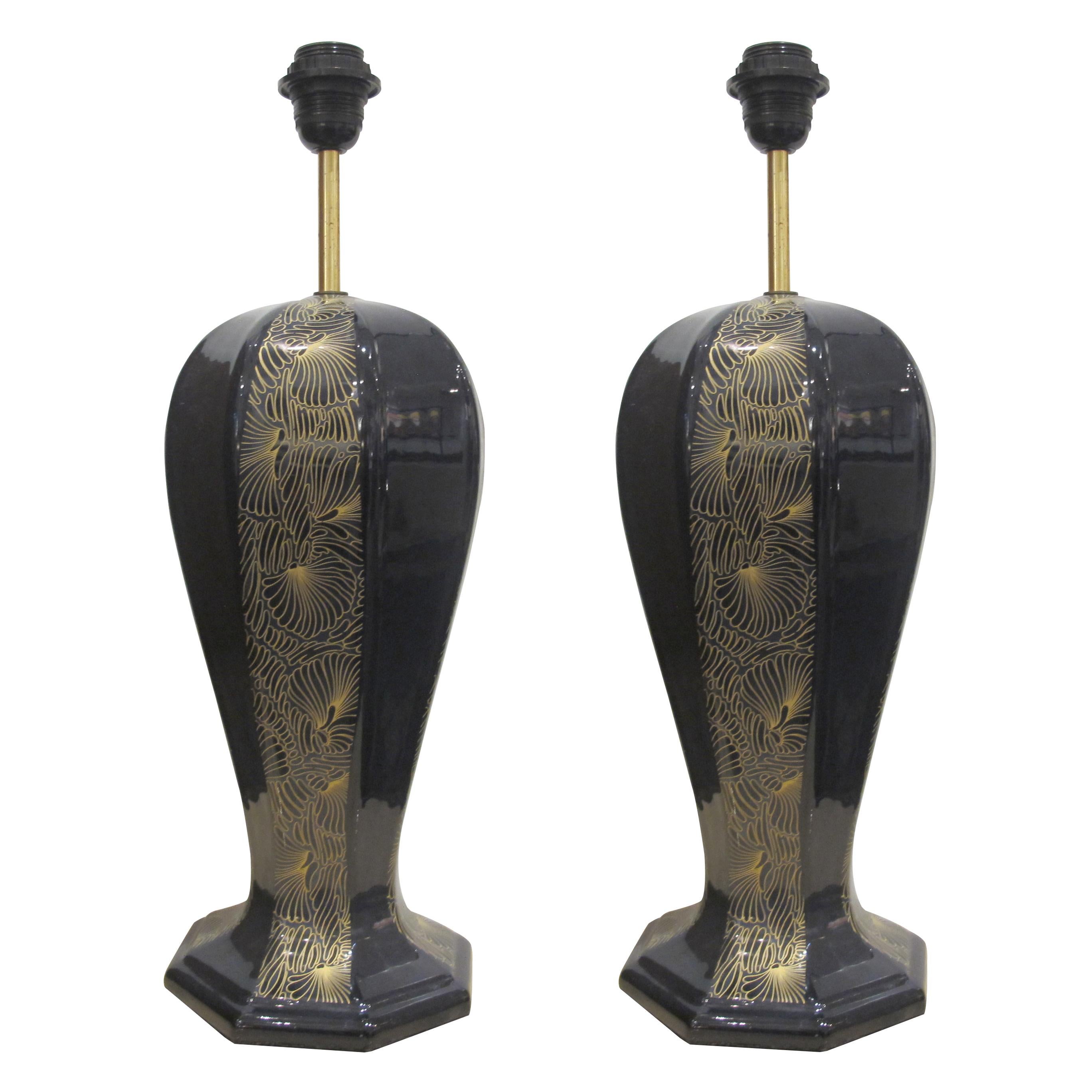 1940er Jahre Großes Paar schwarz-goldene Keramik-Tischlampen, italienisch (Art déco) im Angebot
