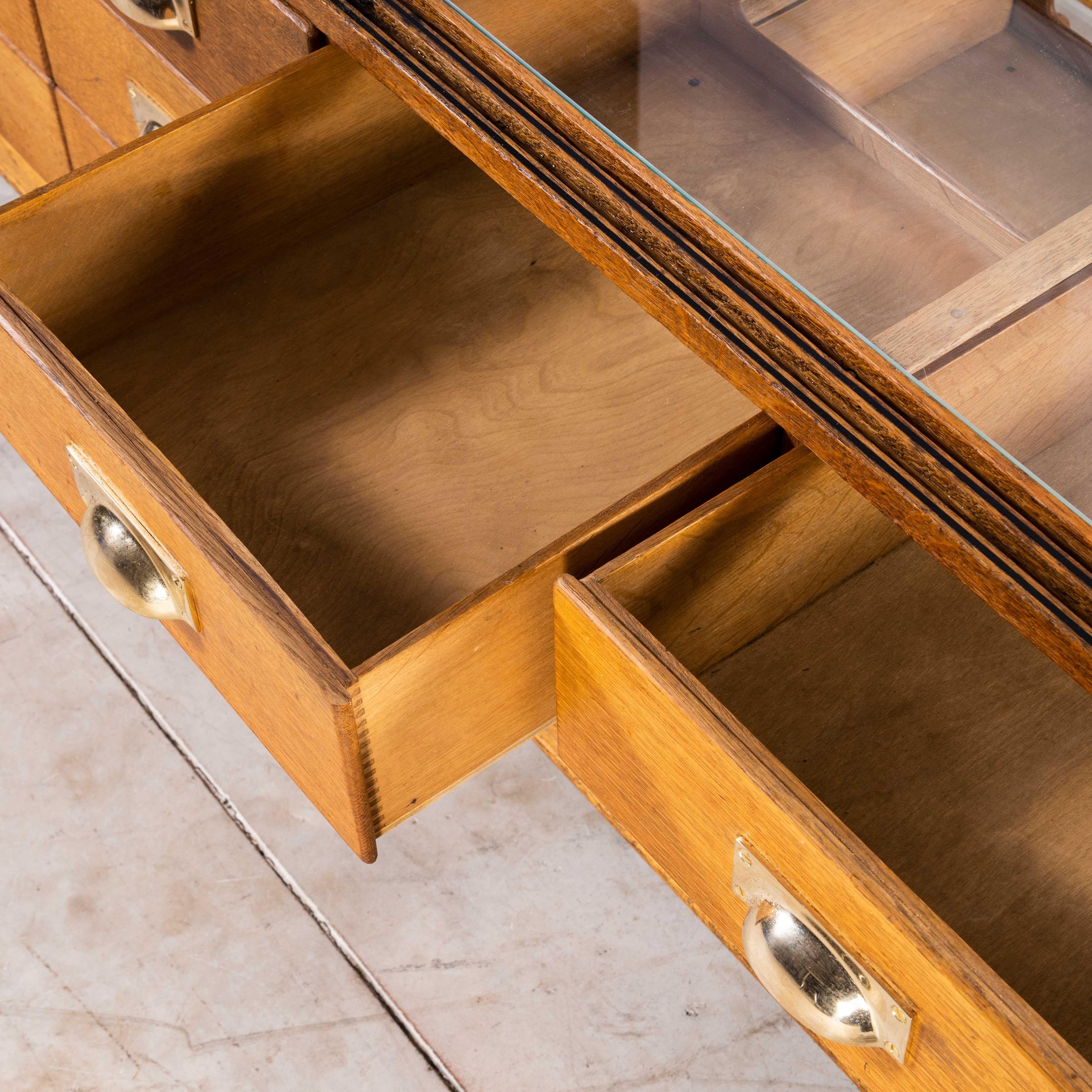 Oak 1940's Large Rectangular Pollard & Co Brass Haberdashery Cabinet, 18 Drawers