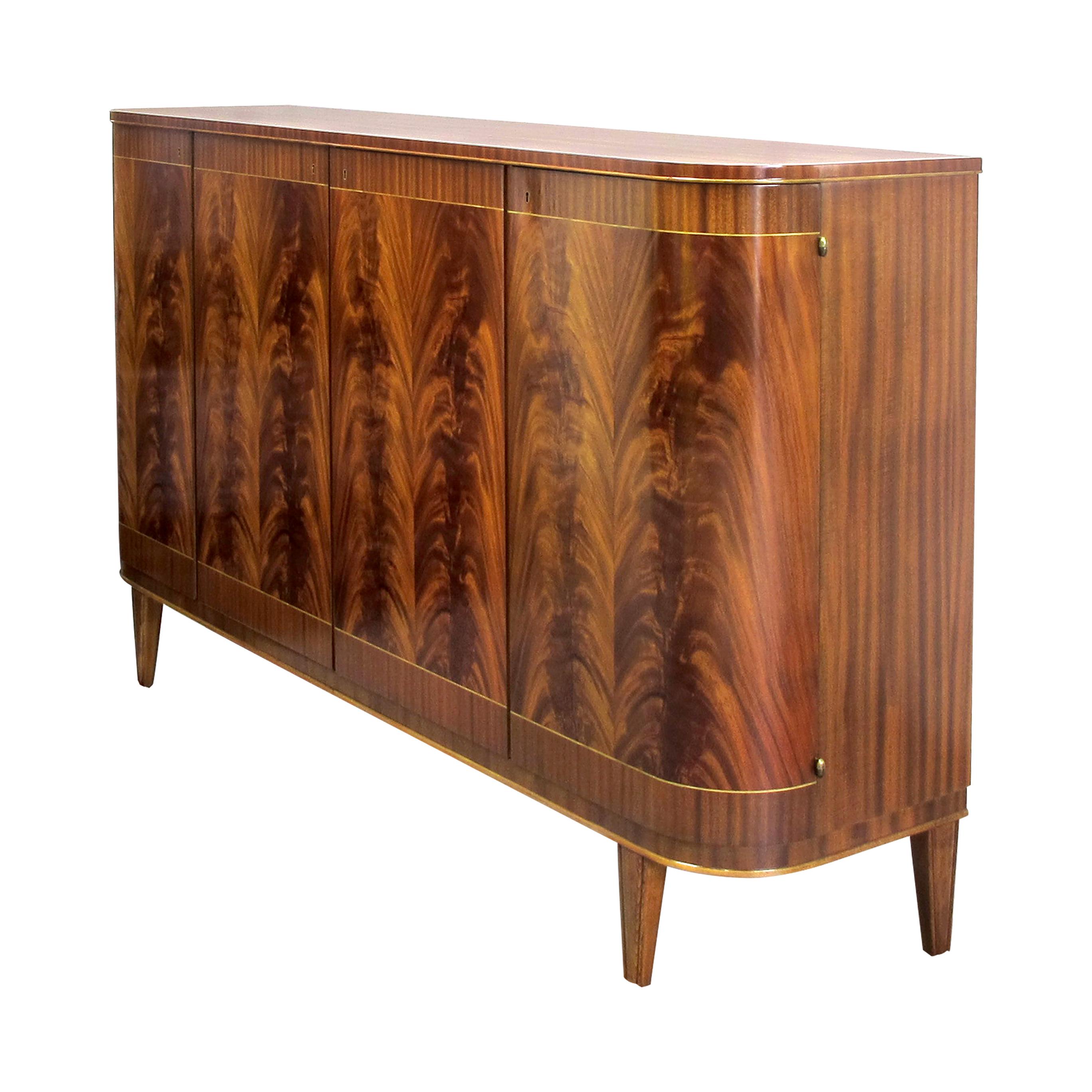 Art Deco 1940s Large Swedish Cabinet-Credenza with Mahogany Flame Veneers For Sale