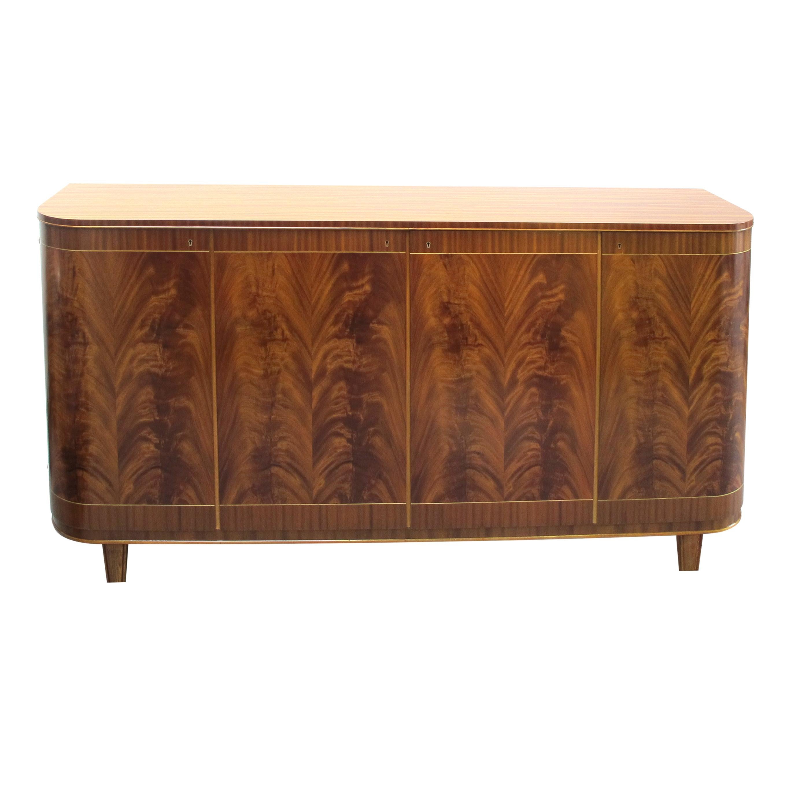 Art Deco 1940s Large Swedish Cabinet-Credenza with Mahogany Flame Veneers For Sale