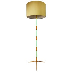 1940s Large Tripod Standing Lamp, Brass, Resine, Silk, Italy