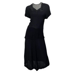 1940s Large Size Black Silk Crepe Drop Waist Sequin Illusion Vintage 40s Dress