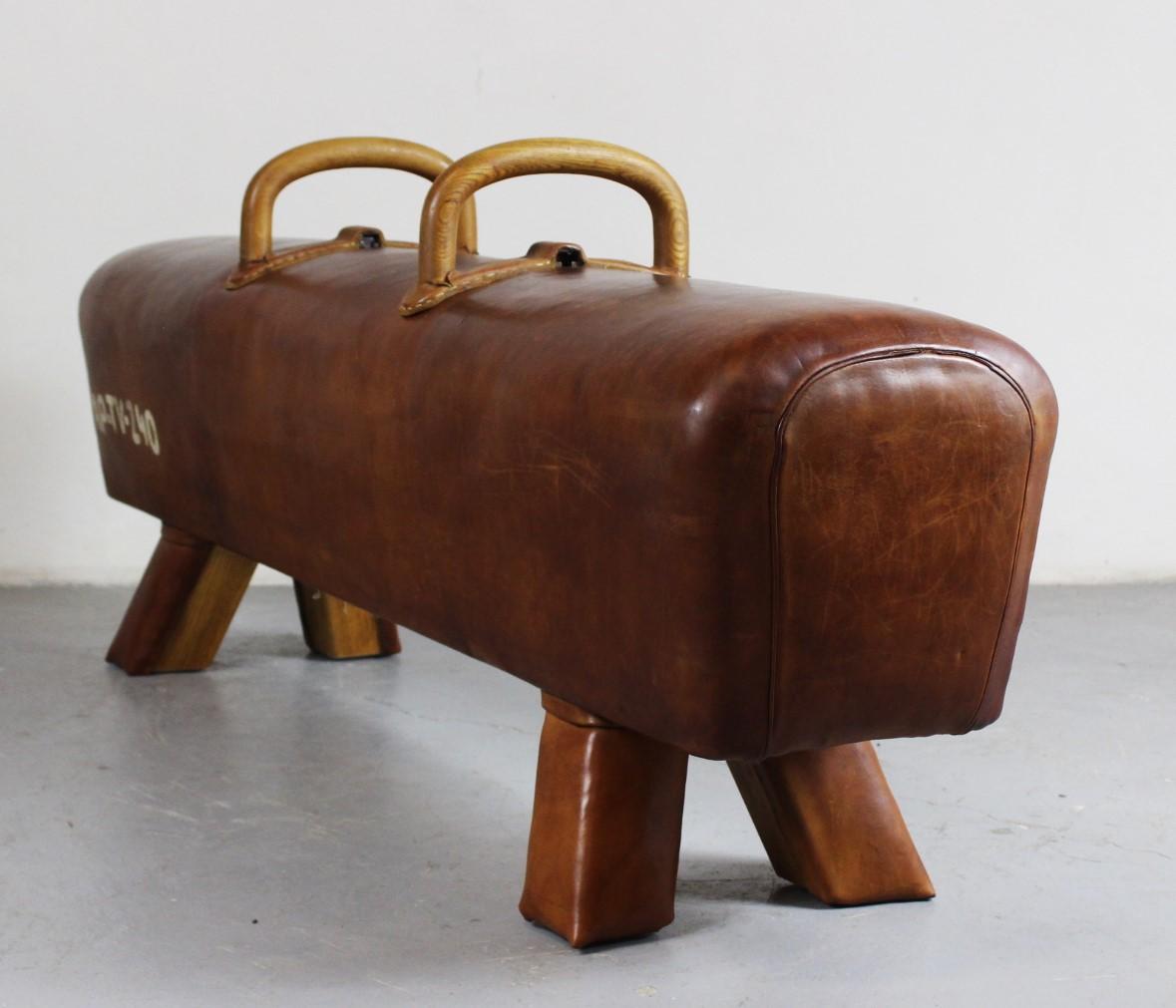 German 1940s Leather Gym Pommel Horse Bench