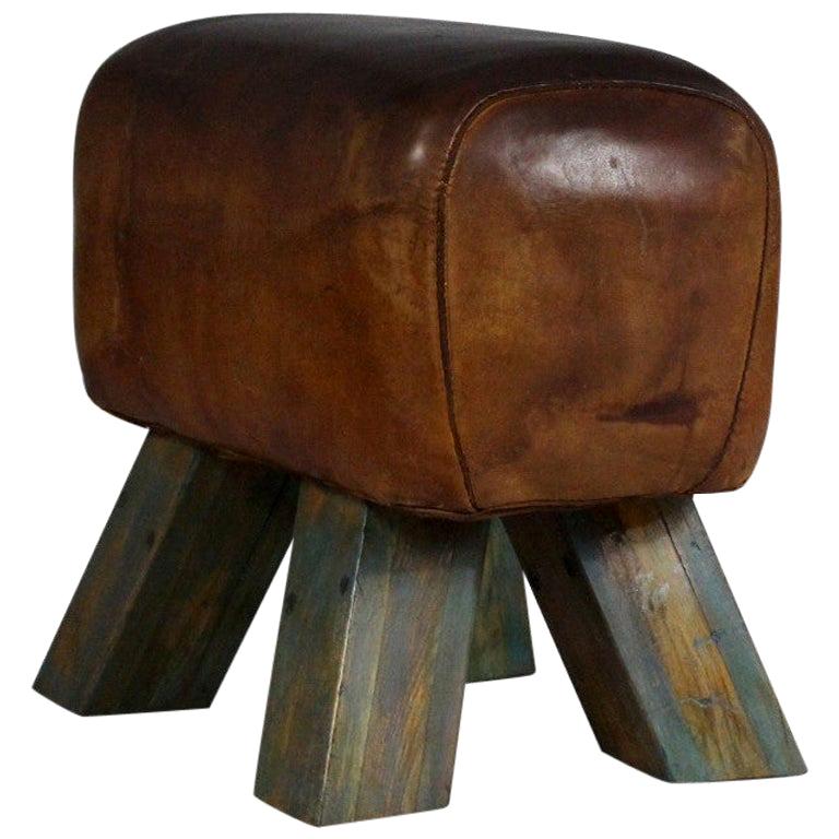 1940s Leather Gym Stool / Bench For Sale