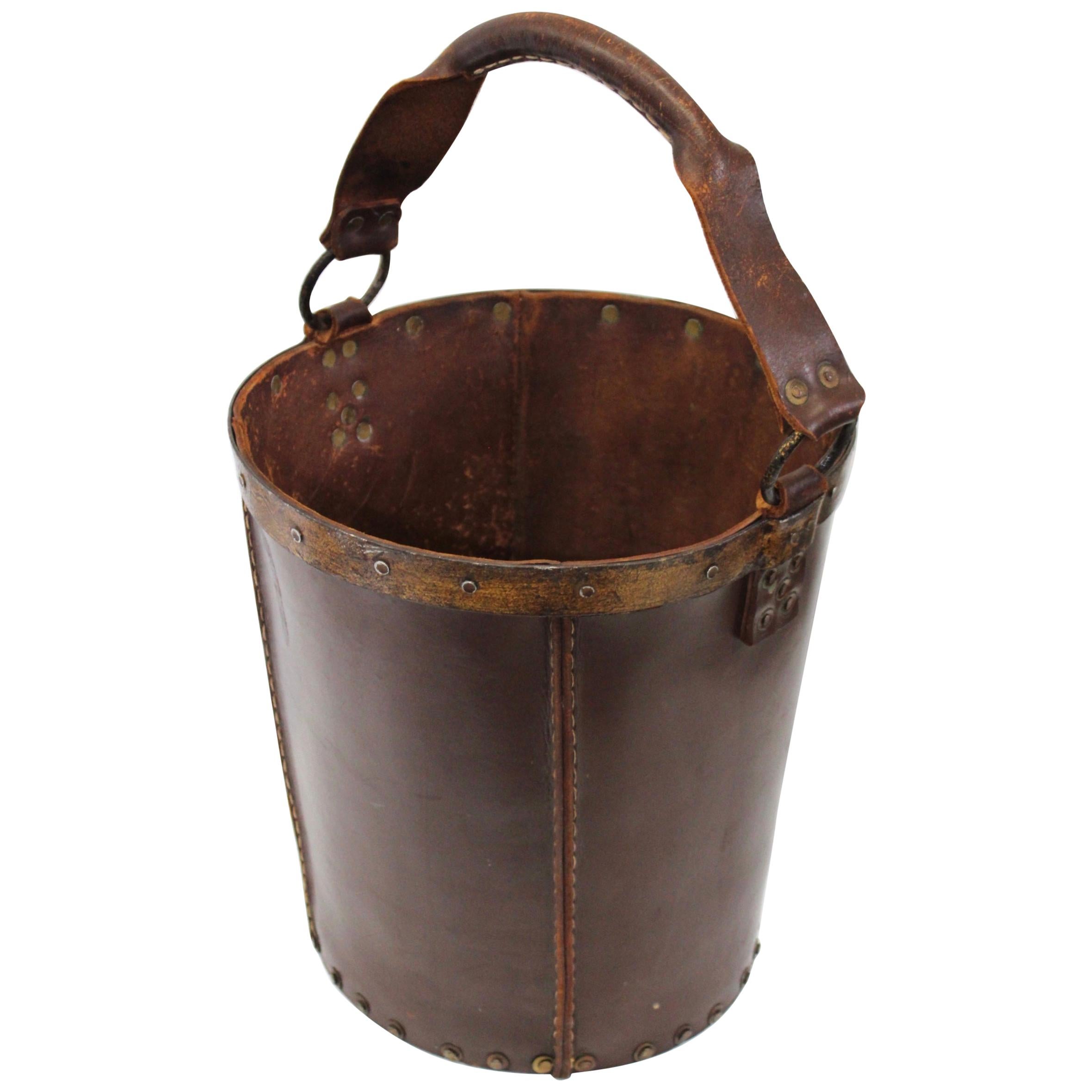 1940s Leather Waste Basket from Spain