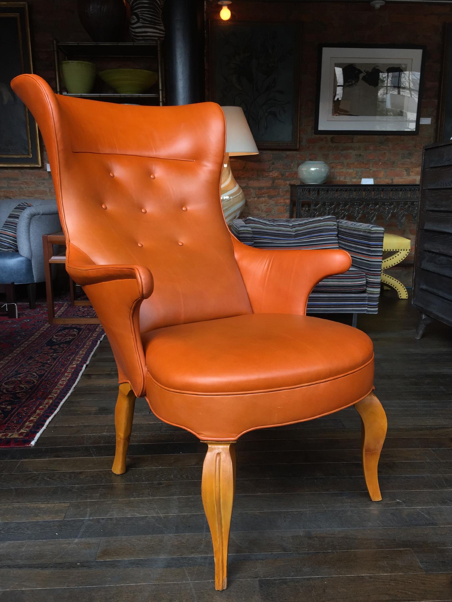 Danish 1940s Leather Wingback Armchair Attributed to Frits Henningsen