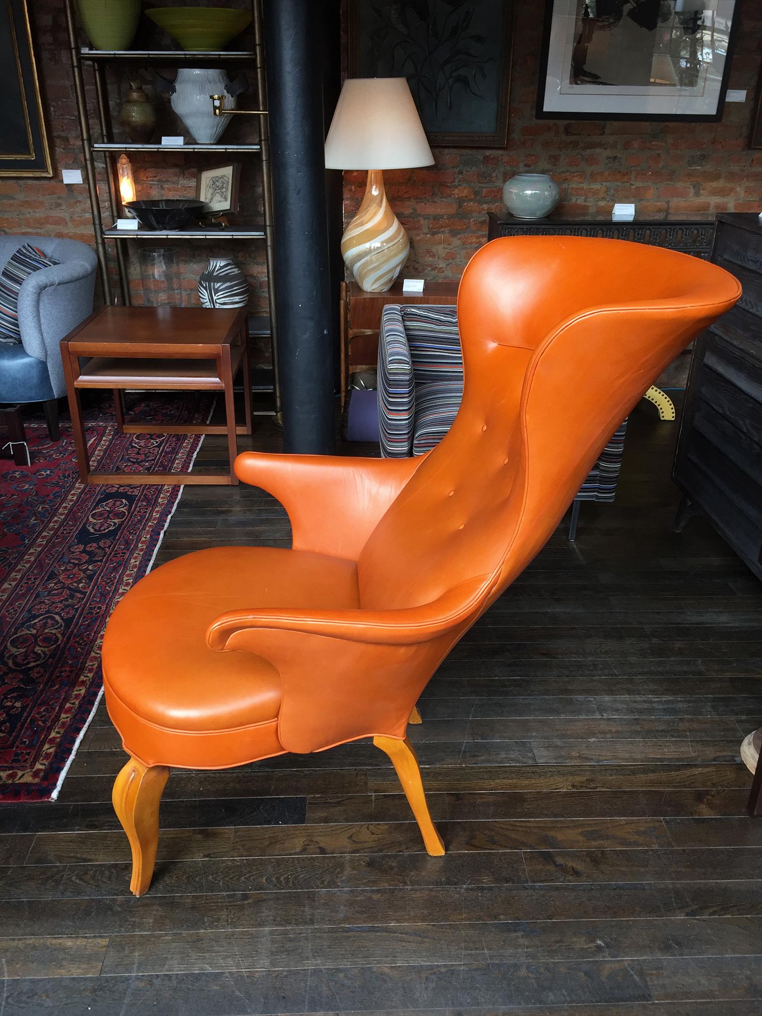 Hand-Carved 1940s Leather Wingback Armchair Attributed to Frits Henningsen